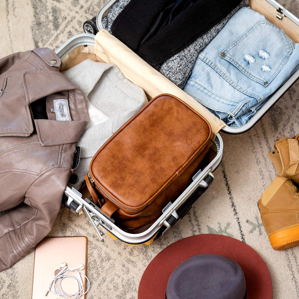 Buy now Elviros Toiletry Bag for Men, Large Travel Shaving Dopp Kit Water-resistant Bathroom Toiletries Organizer PU Leather Cosmetic Bags at indiglob india