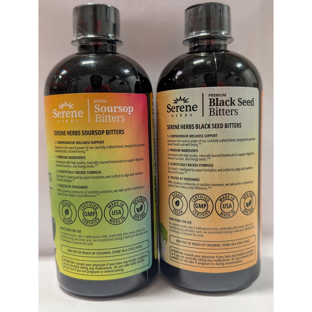 Serene Herbs Soursop Bitters Liquid & Black Seed Bundle – Organic Herbal Guanabana for Digestive Support – Vegan, Non-GMO – 32 oz (16 oz Each), (2 Pack)
