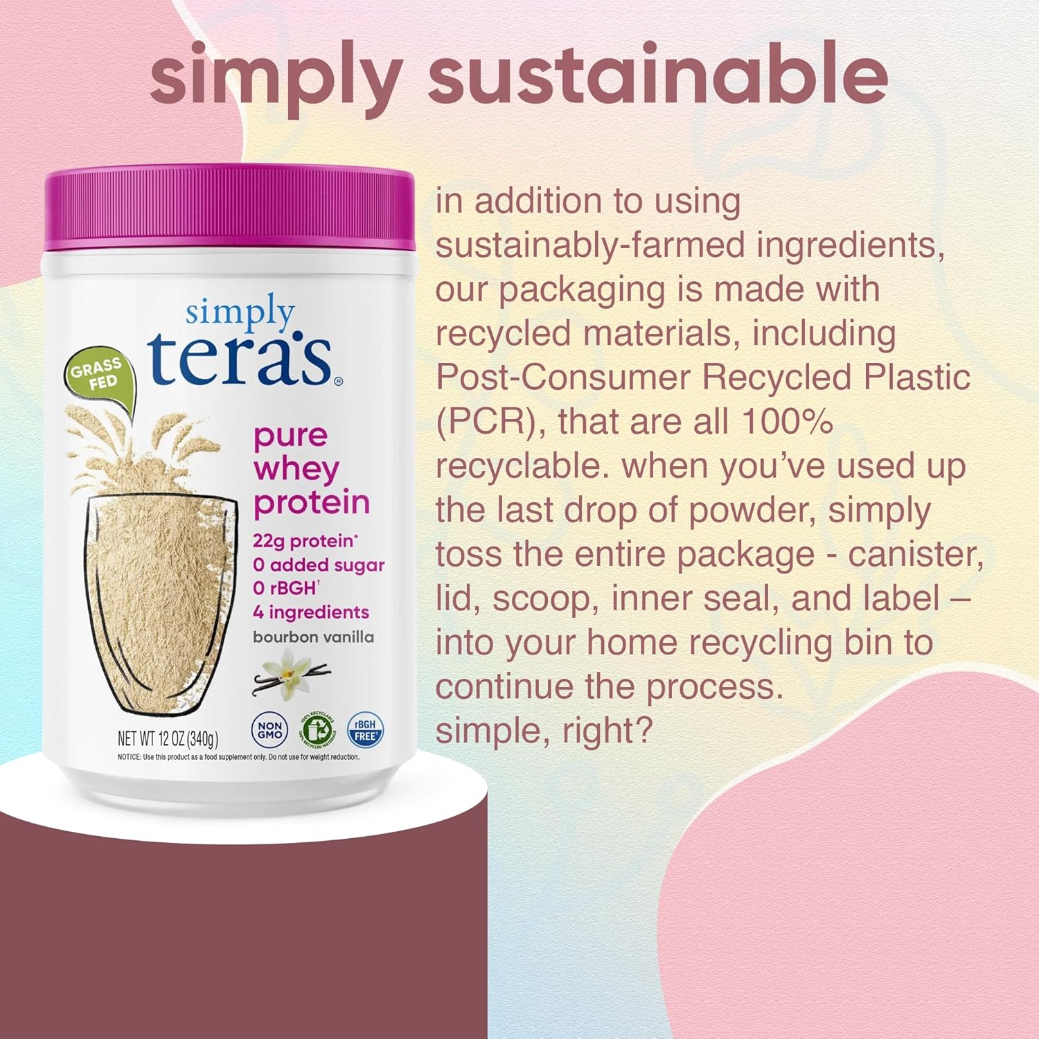 Buy now simply tera's Pure Whey Protein Powder - Grass Fed Vanilla Whey Protein Powder, Clean, Made Without Artificial Sweeteners, Non-GMO, Kosher, rBGH-Free, Soy-Free - 12 Oz at indiglob india