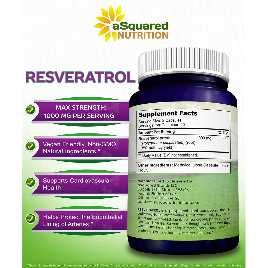 100% Natural Resveratrol Supplement - 1000mg Per Serving - 180 Capsules | Max Strength Antioxidant Polyphenols Complex - Trans-Resveratrol Pills for Heart Health - Pure Formula - 500mg Per Capsule