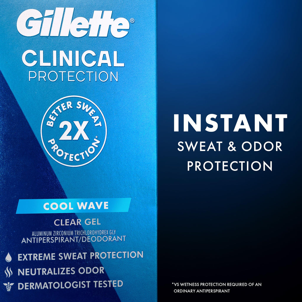 Buy now Gillette Clinical Antiperspirant and Deodorant for Men, 72hr Sweat & Odor Protection, Long Lasting Freshness, Anti-White Mark Technology, Clear Gel, Cool Wave Scent, 2.6 oz at indiglob india