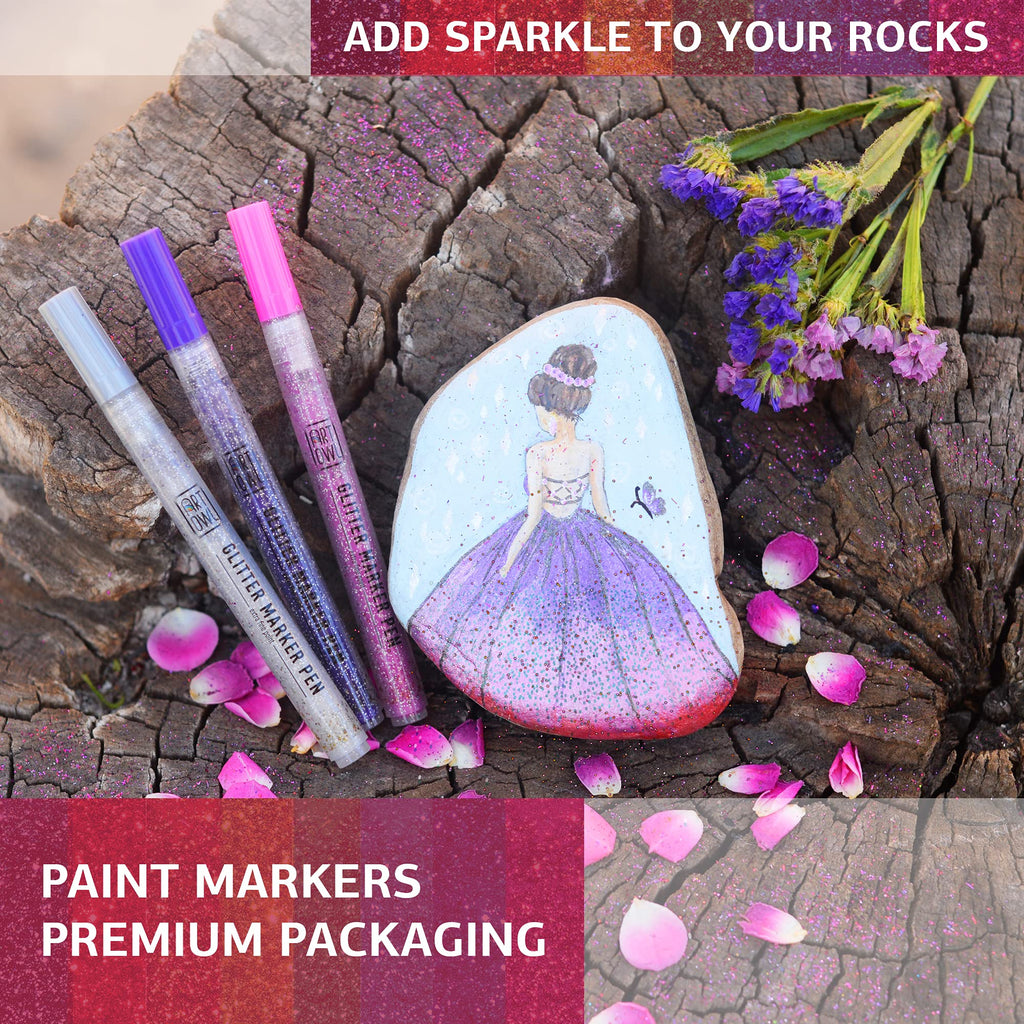 Acrylic Glitter Paint Marker Pens, Medium Pens for Rock Painting, Stone, Ceramic, Glass, Wood, Fabric, Card Making, Canvas, DIY Crafts - Set of 12 Sparkle Paint Markers