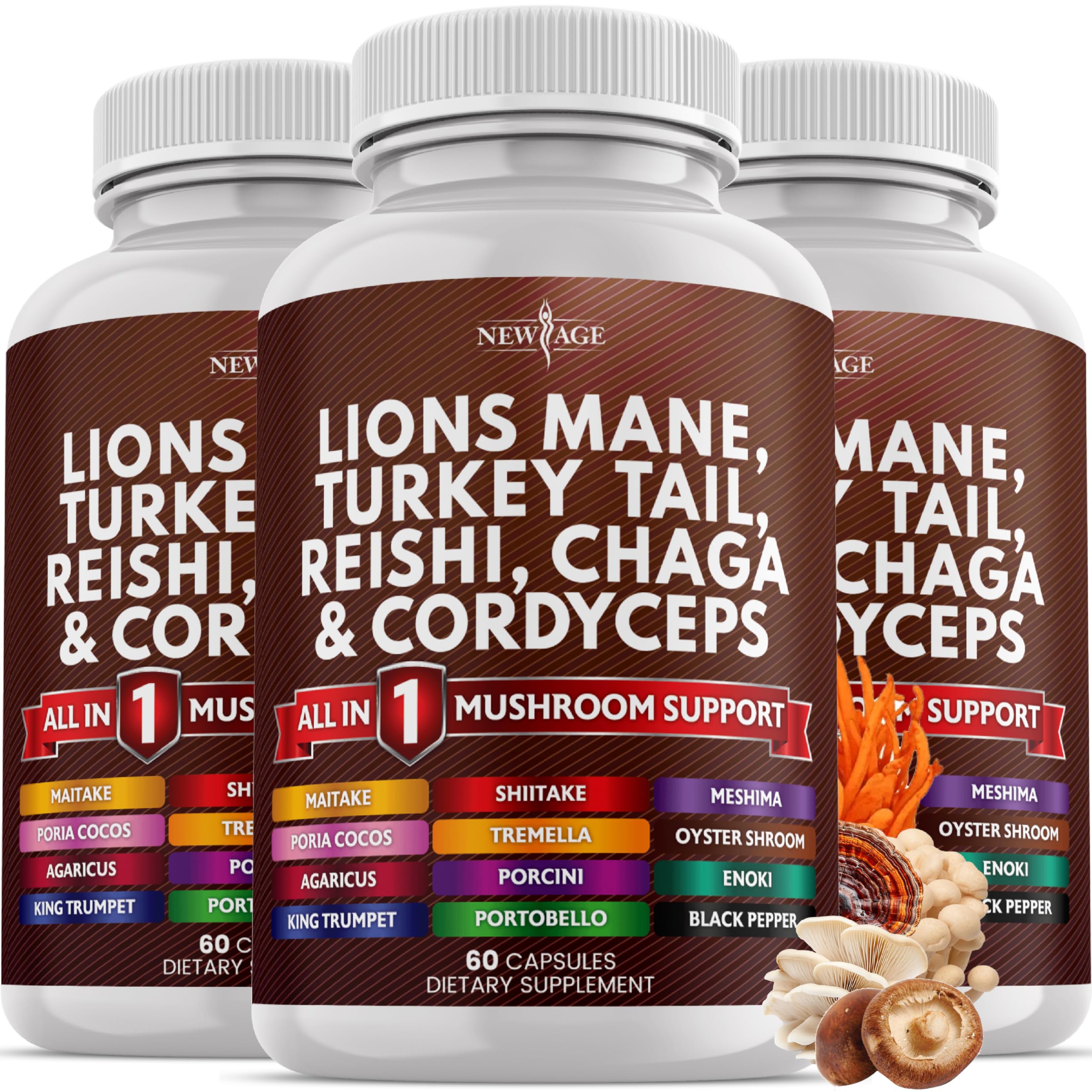 NEW AGE Lions Mane Mushroom Supplement with Turkey Tail Reishi Cordyceps Chaga with Marshmallow Root - 120 Count