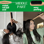 GranNaturals Smoothing & Styling Middle Part Boar Bristle Slick Back Hair Brush w/ Narrow Metal Rat Tail End for Sectioning and Parting Sleek Ponytail Bun - Teasing, Backcombing, Edge Control