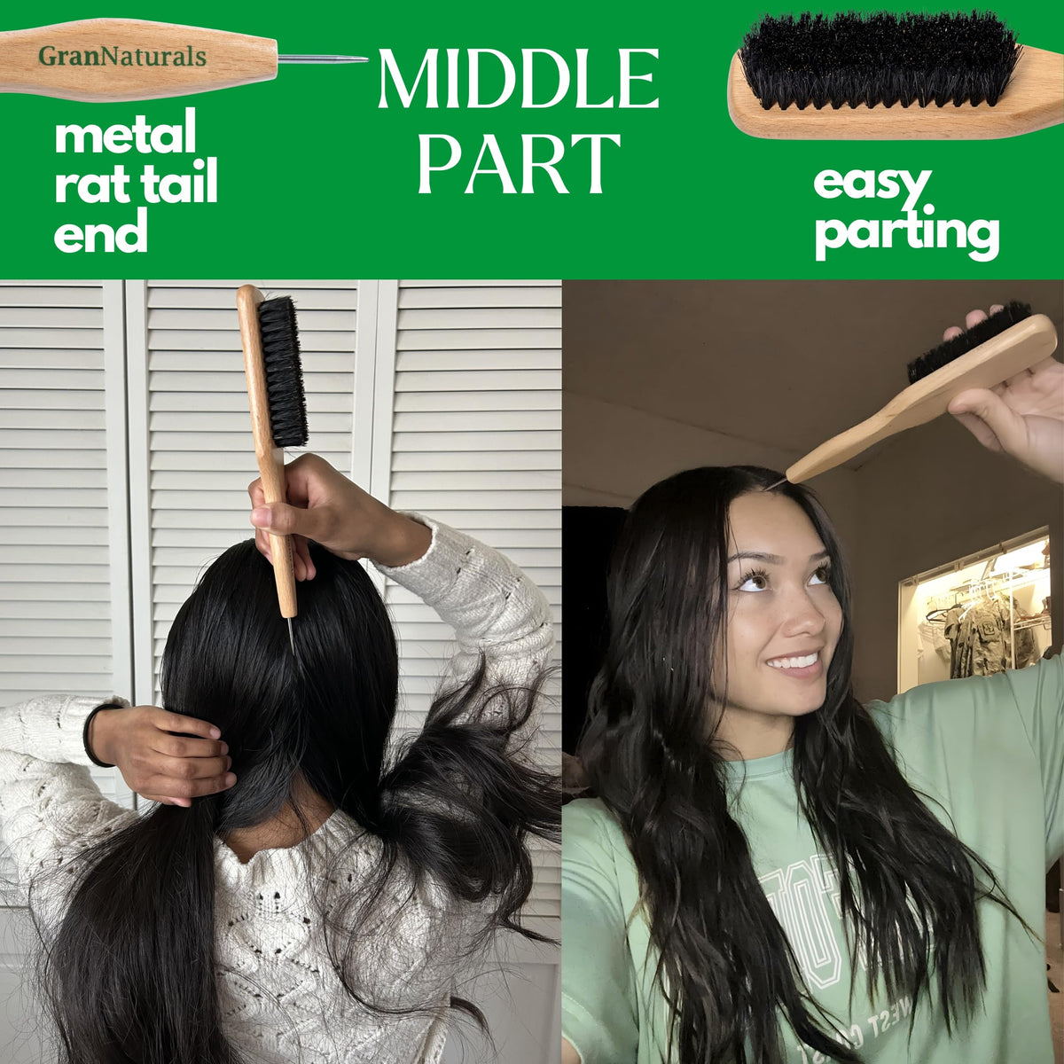GranNaturals Smoothing & Styling Middle Part Boar Bristle Slick Back Hair Brush w/ Narrow Metal Rat Tail End for Sectioning and Parting Sleek Ponytail Bun - Teasing, Backcombing, Edge Control