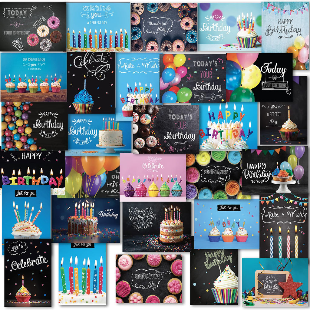 120 Birthday Cards Bulk- Happy Birthday Cards with Envelpoes,30 Unique Blackboard Designs, Large 5x7 Inches, Includes Kraft and White Envelopes – Assorted Birthday Cards for Business & Personal Use
