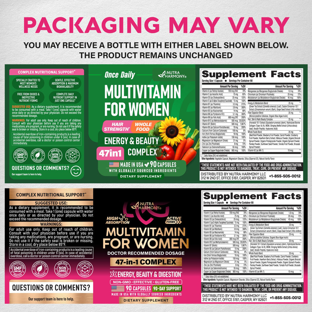 Multivitamin for Women 47in1 - B-Complex, Biotin, D3 & K2, Iron - 90 Caps | Womens Multivitamin - Whole Foods | Hair Growth Support | Digestion & Metabolism - Bioavailable & Gentle on Stomach - 1/Day