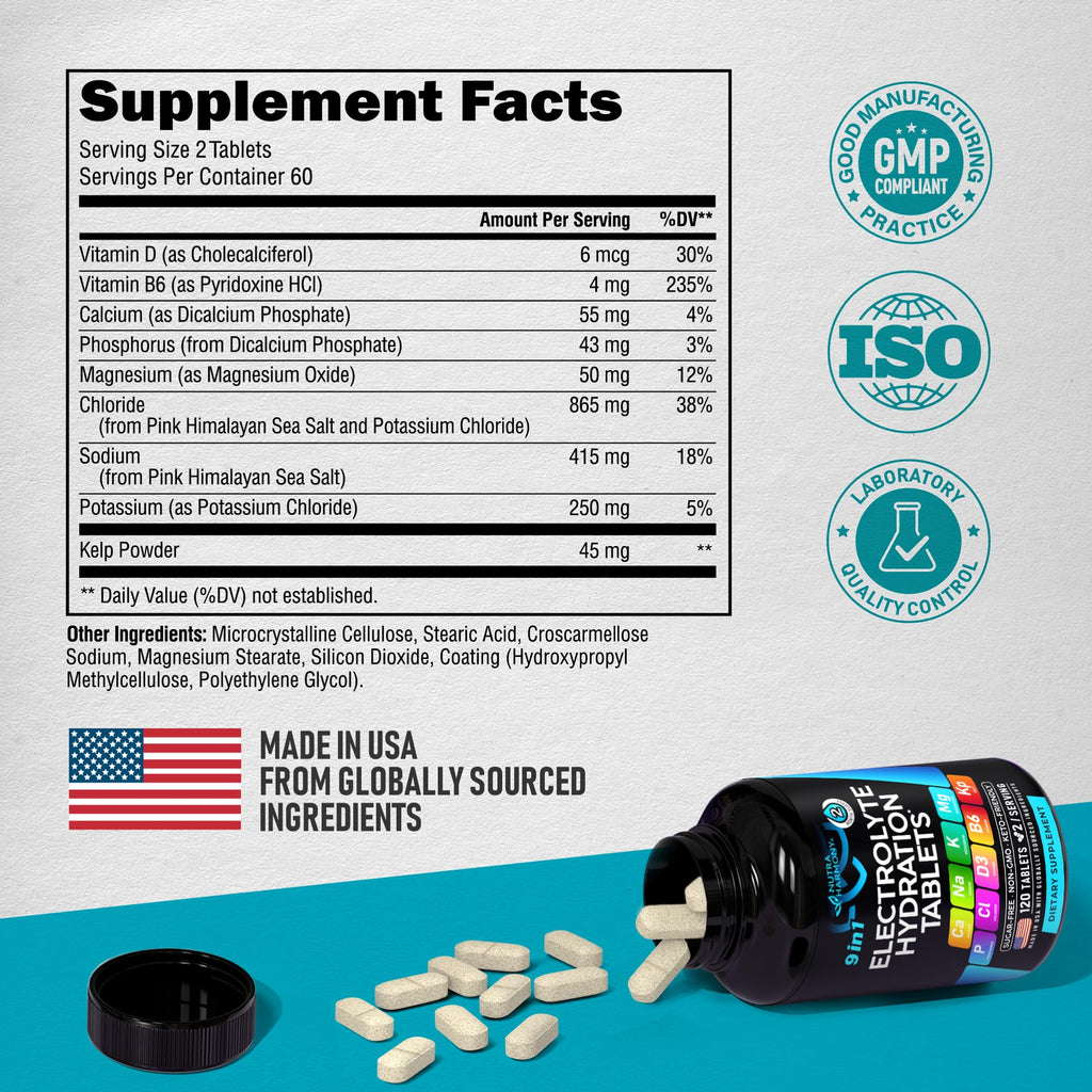 Electrolyte Tablets with Magnesium, Sodium, Potassium, Chloride - 120 Tabs | Electrolytes Salt Pills with Kelp Powder, Vitamins D3 & B6 - Vegan & Keto Friendly Oral Tablets as Capsules - Lab Tested