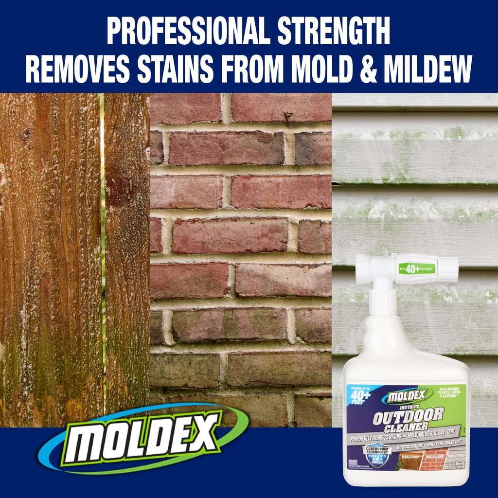 Moldex® Instant Outdoor Cleaner with Bleach and Hose End, 64 oz – Fast Acting Spray for Mold and Mildew Stains on Siding, Decks, Fences and Exterior Surfaces
