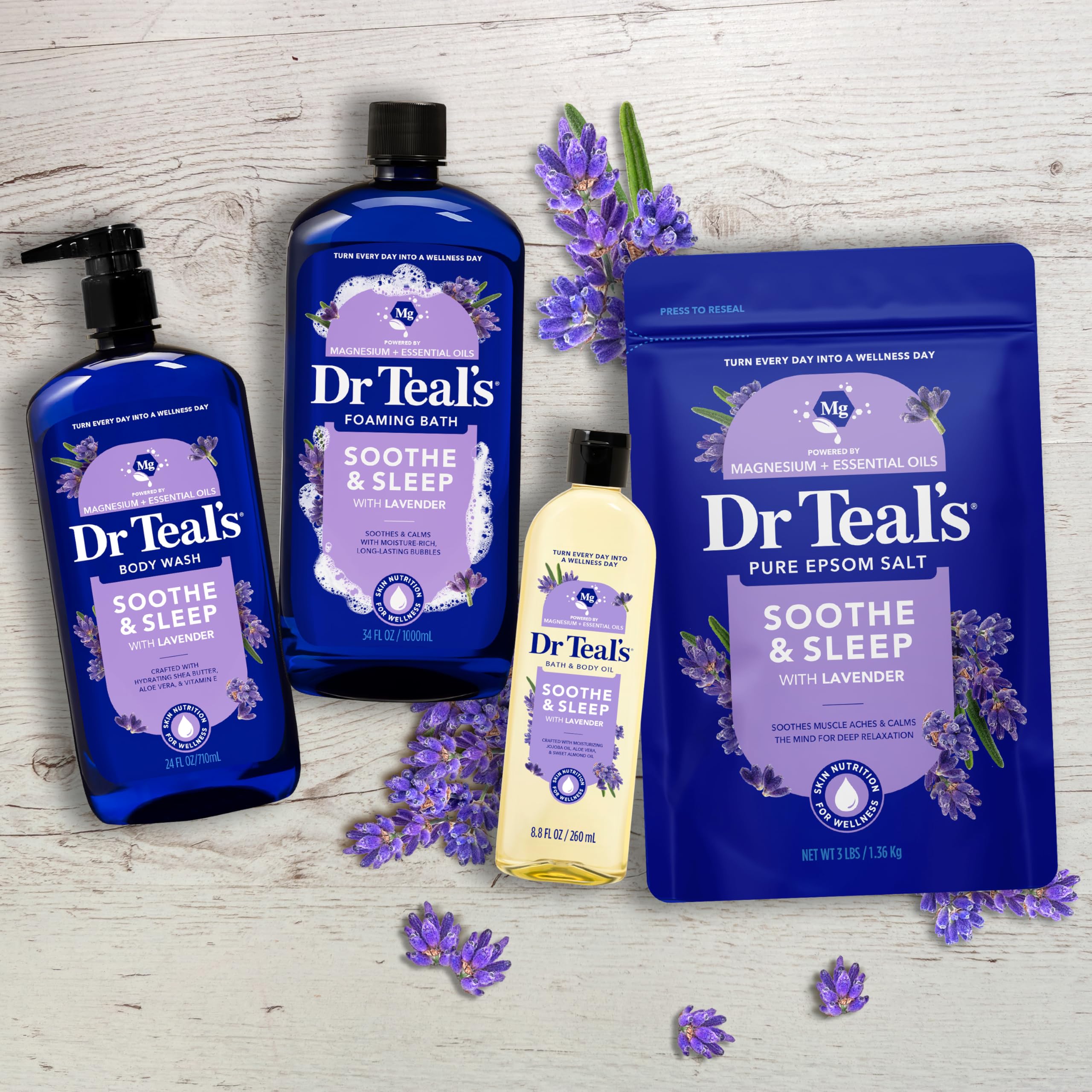 Dr Teal's Pure Epsom Magnesium Salt Soak, Soothe & Sleep with Lavender, 3 lb (Pack of 4)