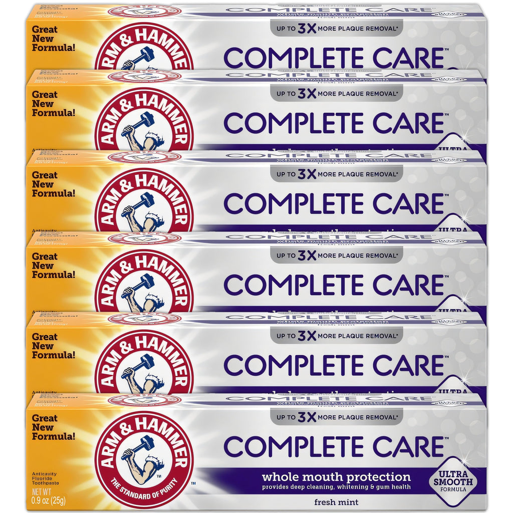 ARM & HAMMER Toothpaste Complete Care Whole Mouth Protection, 6 Pack, Fresh Mint, Anticavity Fluoride Toothpaste with Baking Soda, Whitening Enamel Strengthening Paste, Travel Size 0.9 Oz