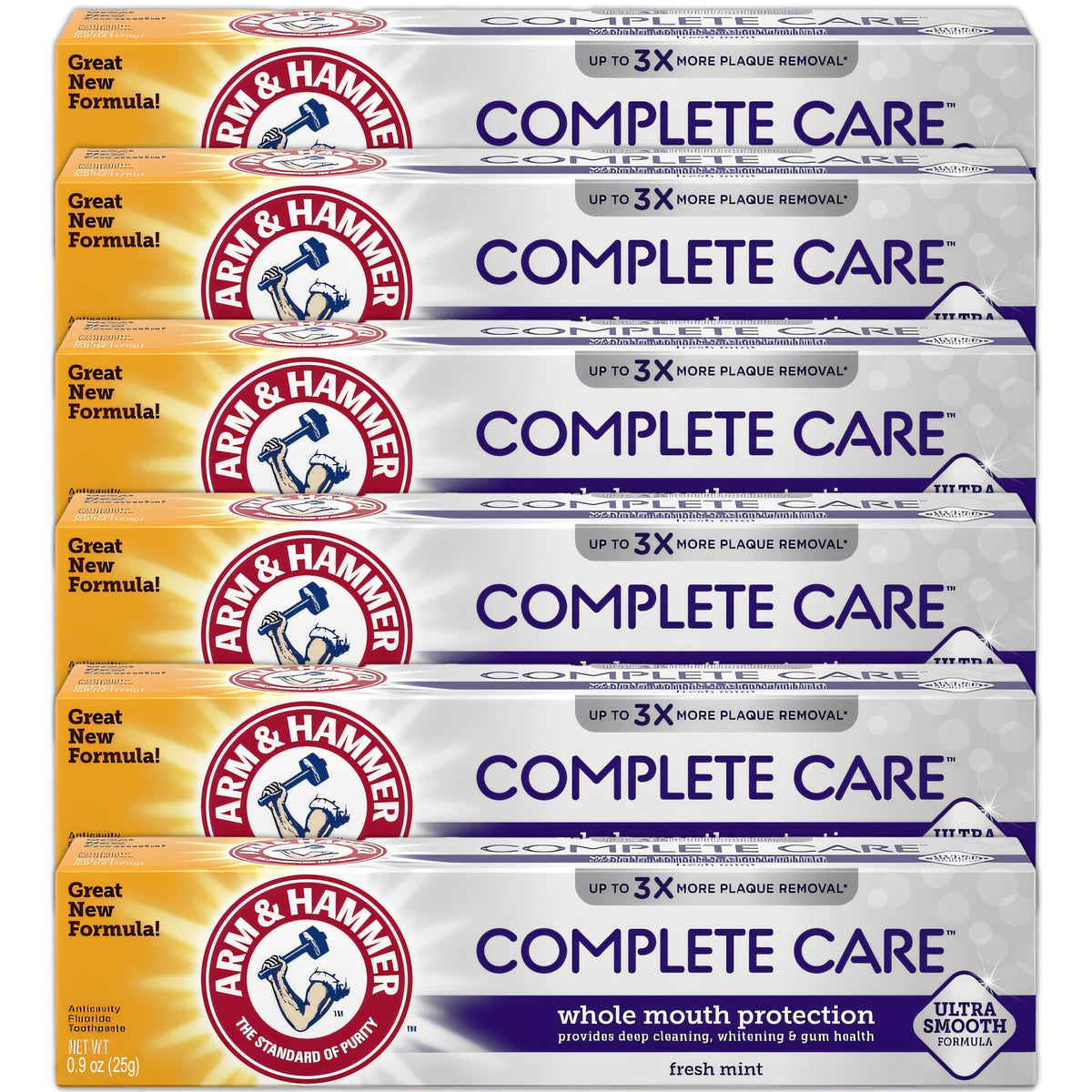 ARM & HAMMER Toothpaste Complete Care Whole Mouth Protection, 6 Pack, Fresh Mint, Anticavity Fluoride Toothpaste with Baking Soda, Whitening Enamel Strengthening Paste, Travel Size 0.9 Oz