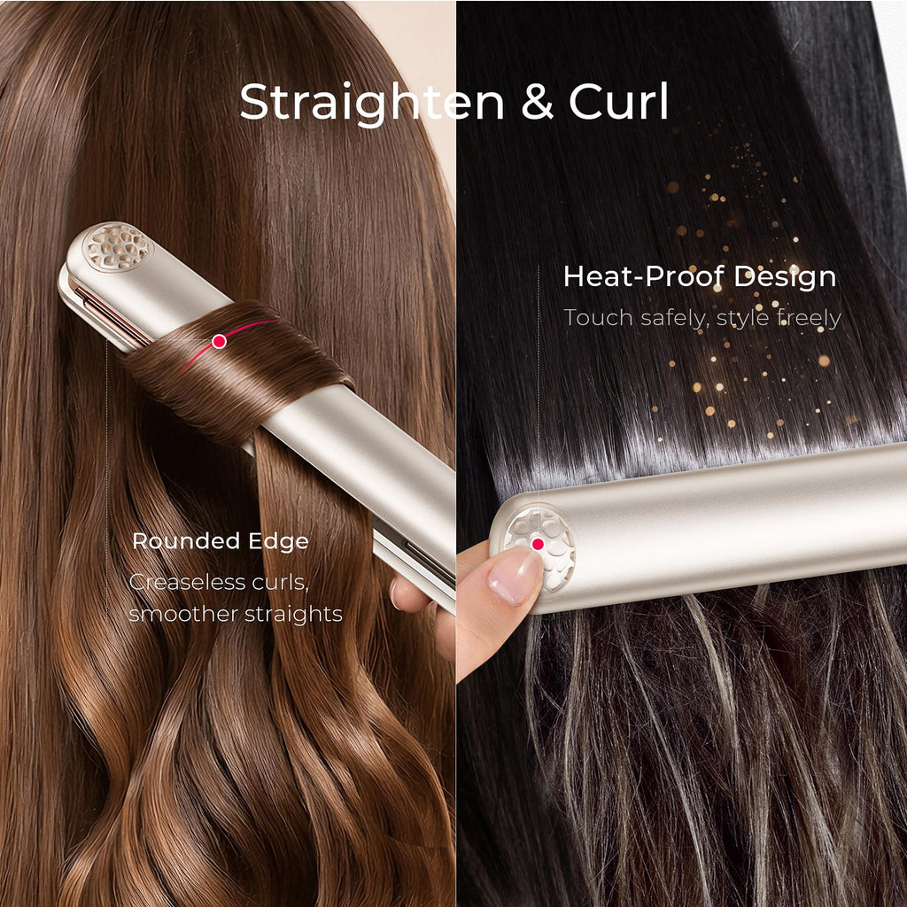 TYMO Flat Iron Hair Straightener and Curler 2 in 1 with 10s Fast Heating, 1 Inch Professional Titanium Straightening Curling Iron with 32 Adjustable Temp and Automatic Shut Off, Champagne