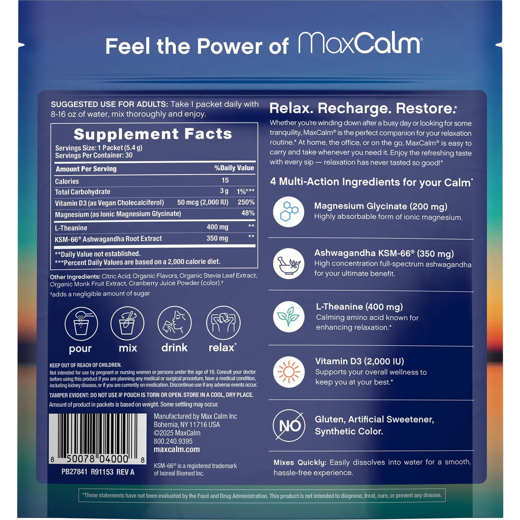 Relaxing Drink Mix | Raspberry-Lemonade Flavor | Magnesium & KSM-66 Ashwagandha Supplement | Supports Relaxation | 30 Single-Serve Packets