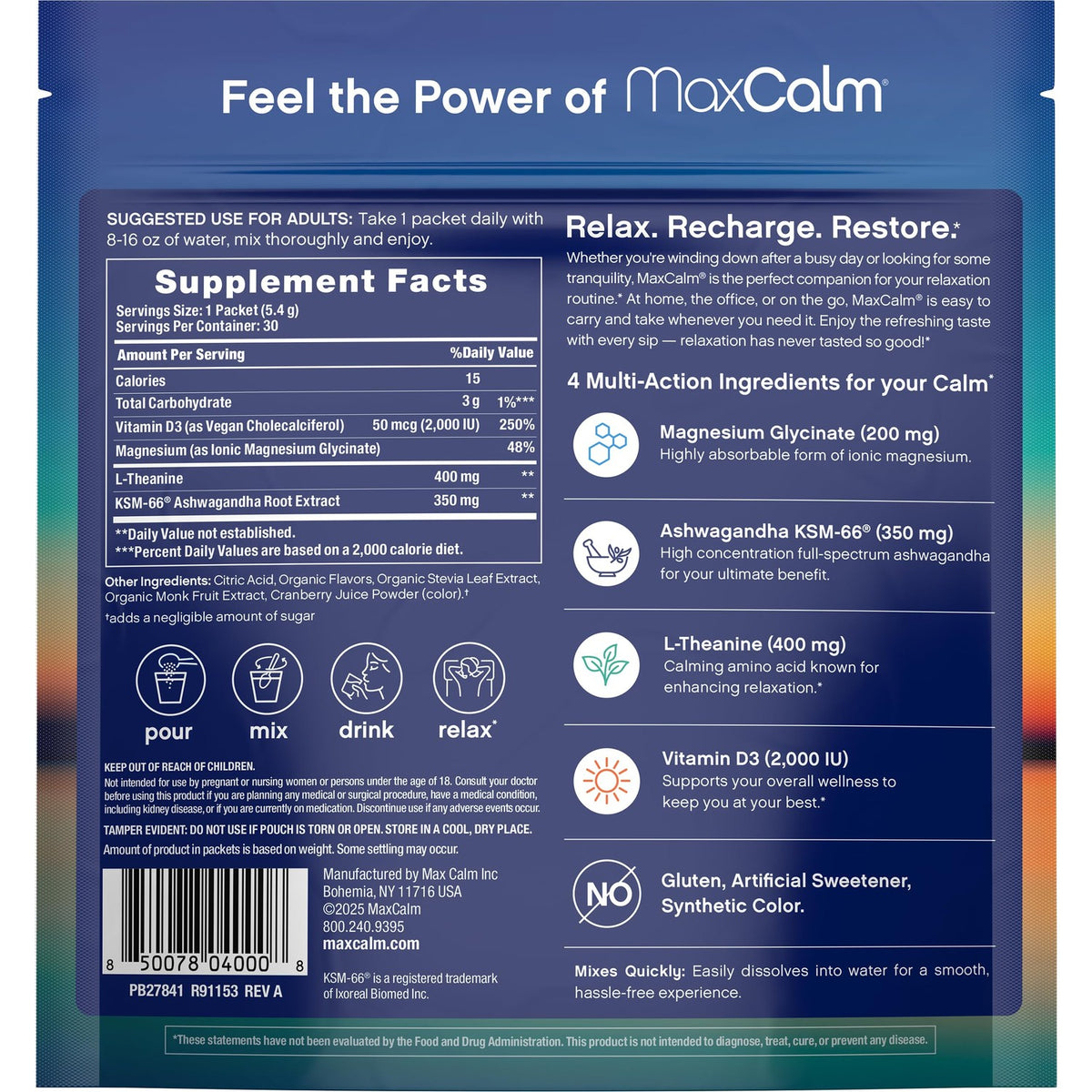 Relaxing Drink Mix | Raspberry-Lemonade Flavor | Magnesium & KSM-66 Ashwagandha Supplement | Supports Relaxation | 30 Single-Serve Packets