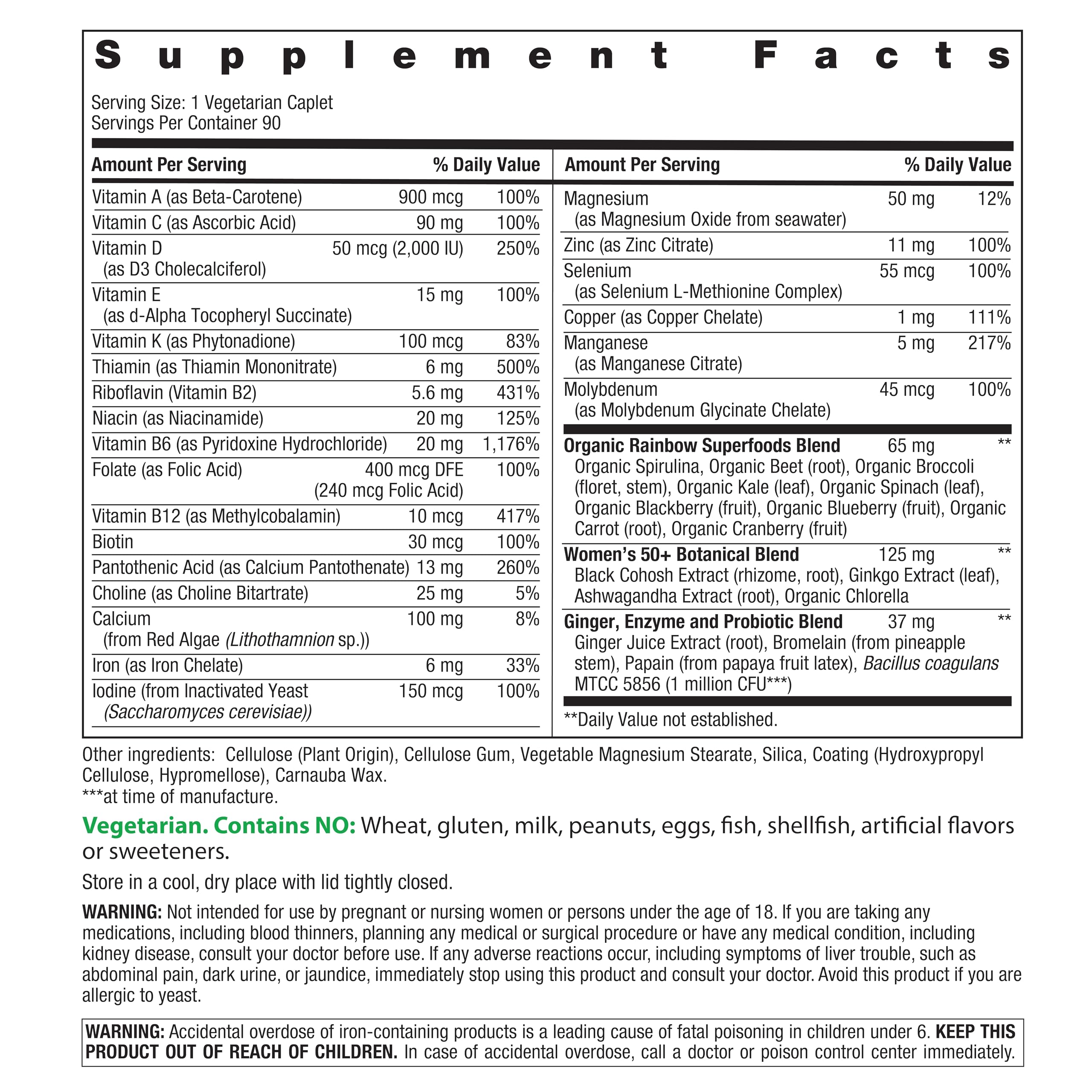 Rainbow Light Womens One + Multivitamin 50 Plus | 90 Caplets | Supports Menopause | Real Food Nutrients, Digestive Enzymes & Probiotics