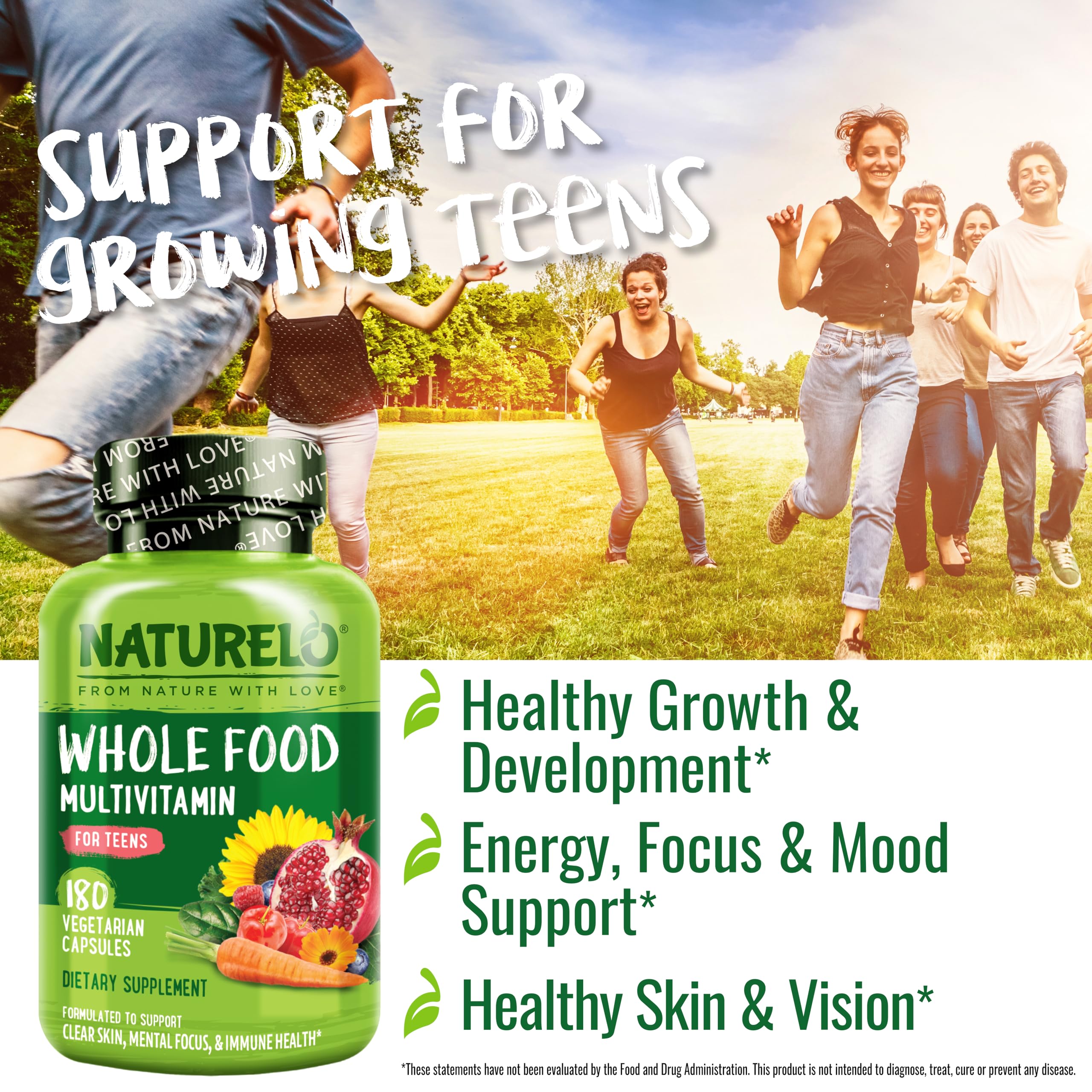 NATURELO Multivitamins for Teenage Girls/Boys, 180 Capsules | Whole Food Multivitamin with Minerals, Non-GMO, Vegetarian