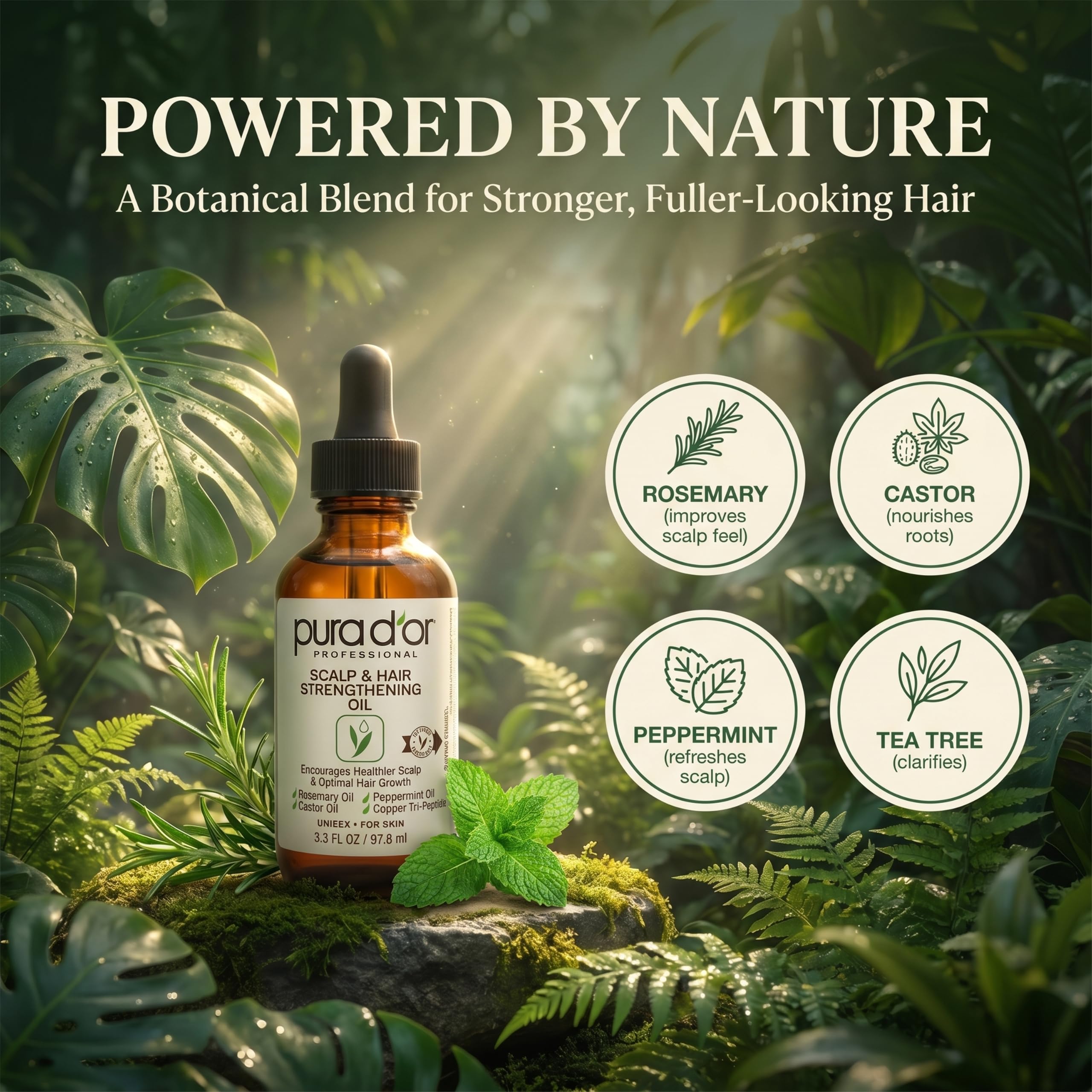 PURA D'OR Scalp & Hair Strengthening Oil Supports Optimal Growth, Reduce Breakage, Nourish Roots for Healthier, Fuller, Thicker Hair - Rosemary, Castor & Peppermint Oil: 3.3 Oz Ayurvedic Hair Care