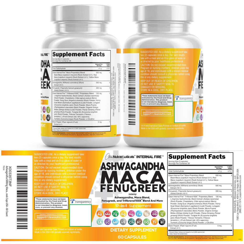 Clean Nutraceuticals Ashwagandha Maca Root Fenugreek Supplement with Tongkat Ali Ginseng - Assists with Stress, Mood & Thyroid - Ashwagandha Capsules Fenugreek Caps