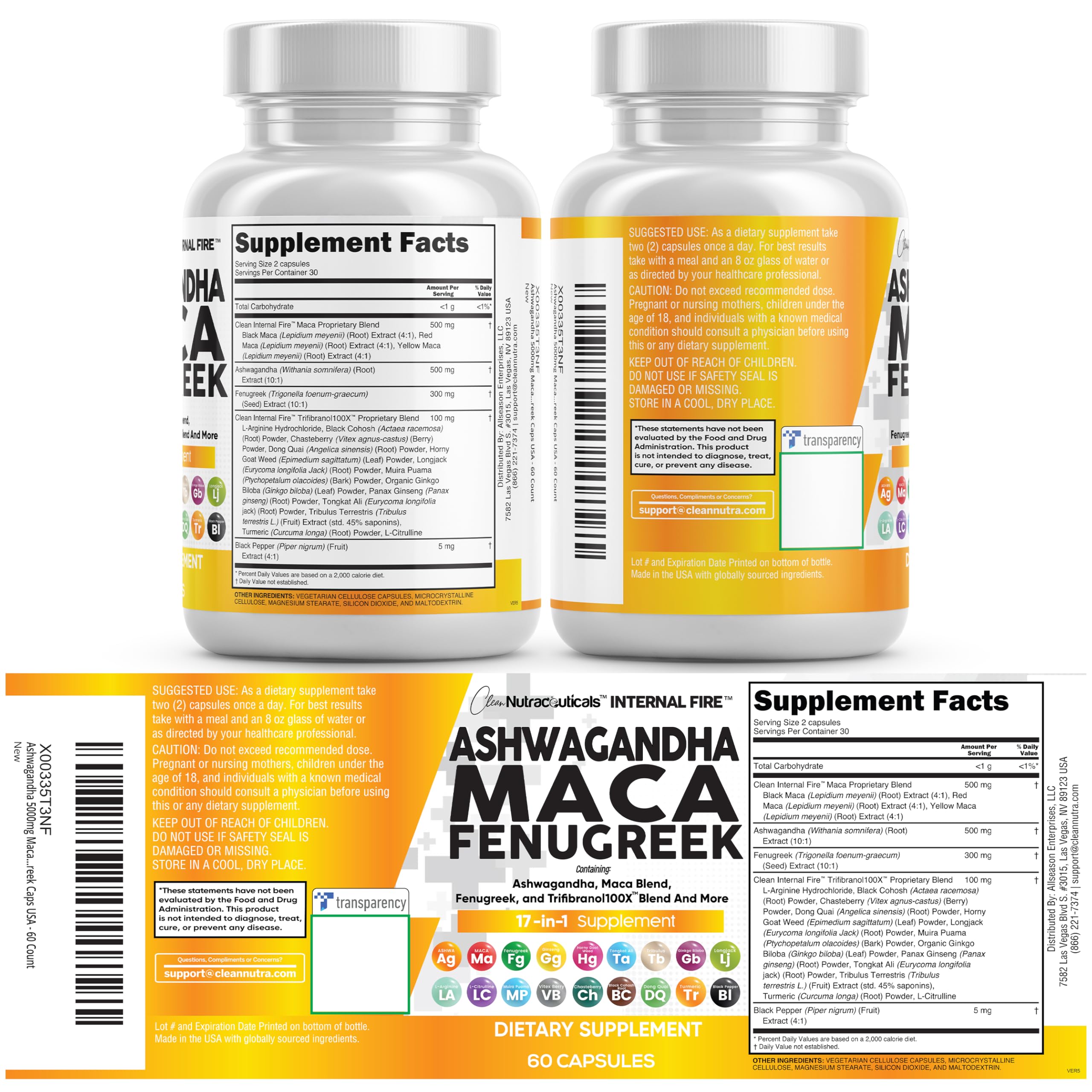 Clean Nutraceuticals Ashwagandha Maca Root Fenugreek Supplement with Tongkat Ali Ginseng - Assists with Stress, Mood & Thyroid - Ashwagandha Capsules Fenugreek Caps