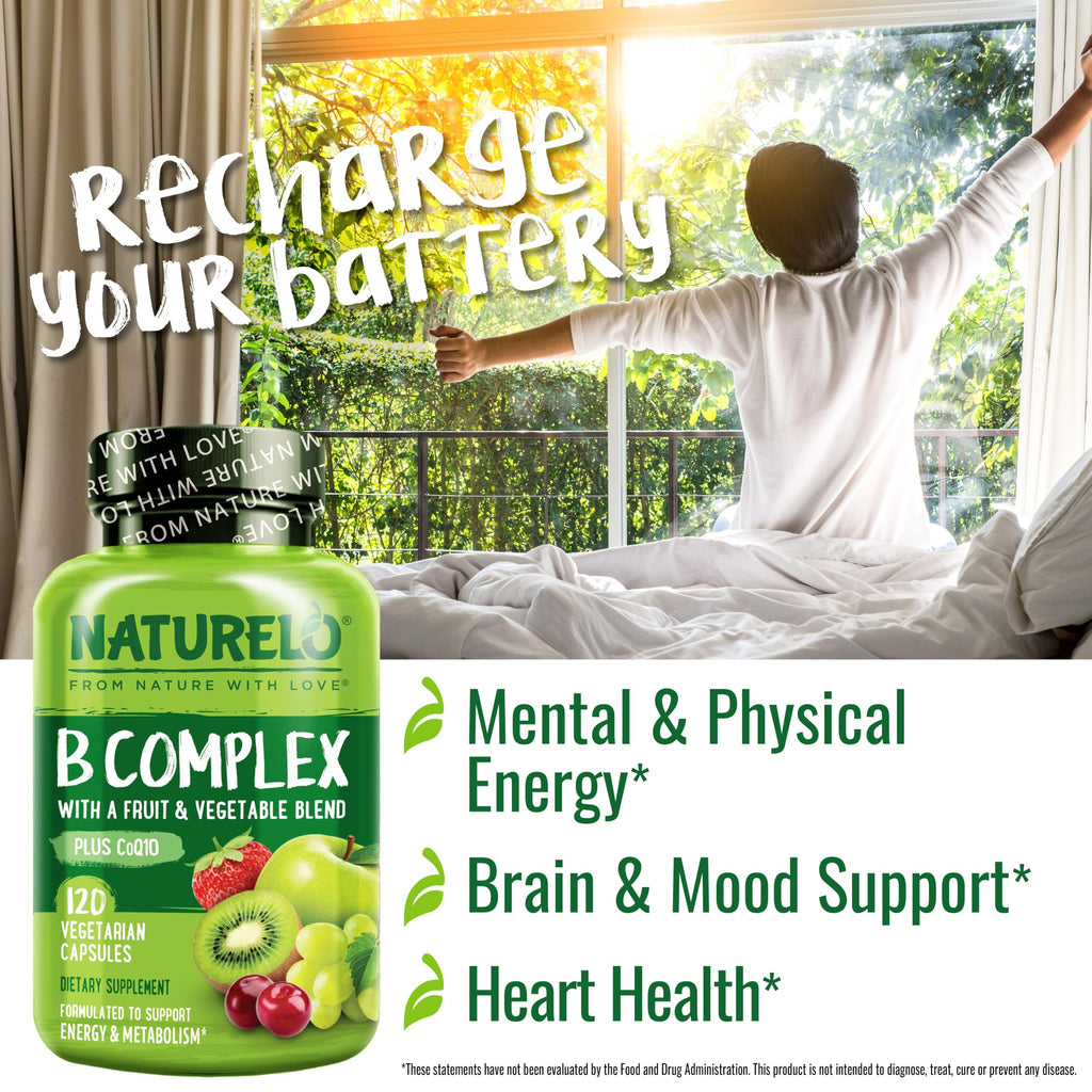 NATURELO Vitamin B Complex, 120 Capsules, Vegan, CoQ10, Methyl Folate | Biotin, Fruit & Vegetable Blend, Supports Energy And Healthy Stress Response, Super B Complex Vitamins for Women and Men
