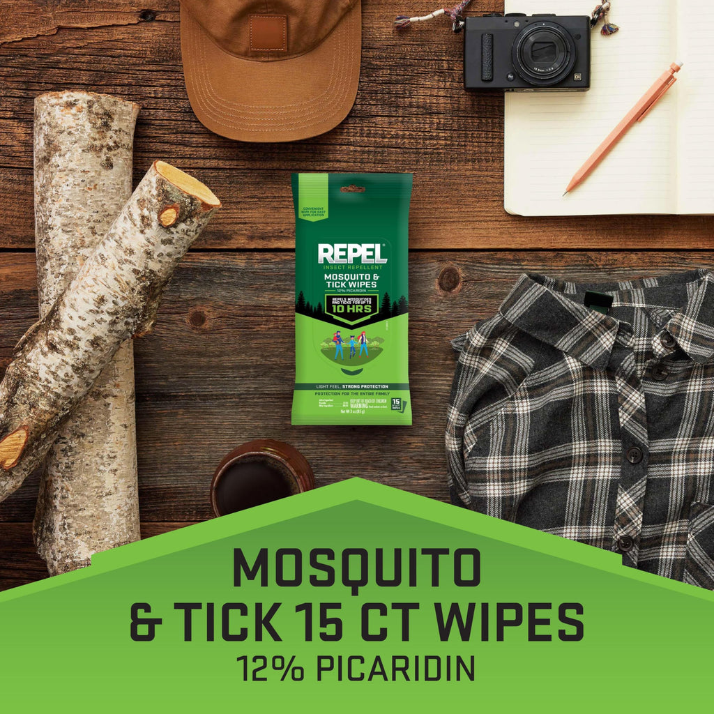 Repel Insect Repellent Mosquito & Tick Wipes 3 Oz, 12% Picaridin, 15 Count