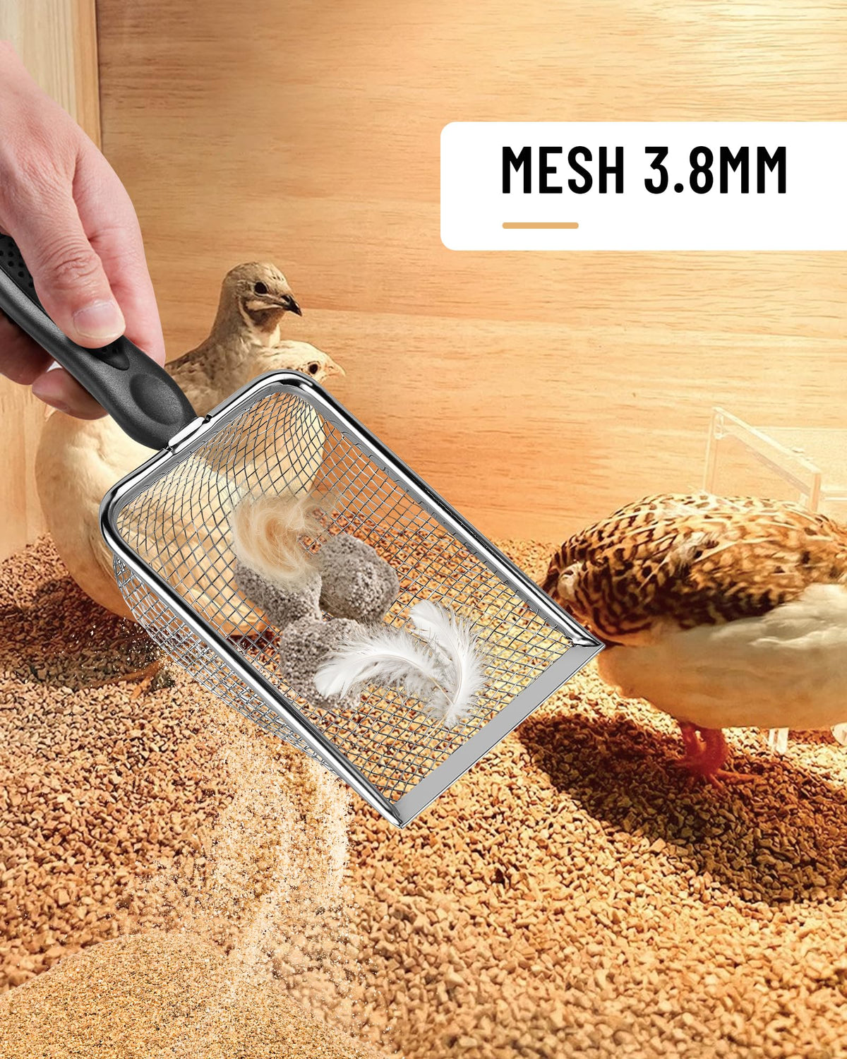 Chicken Poop Scooper for Coop,2 Pack Chicken Coop Poop Scoop Shovel with 3.8mm & 5mm Mesh, Metal Chicken Coop Rake and Scoop Tool,Scooper Shovel for Sifting Sand, Litter, Chicken Supplies