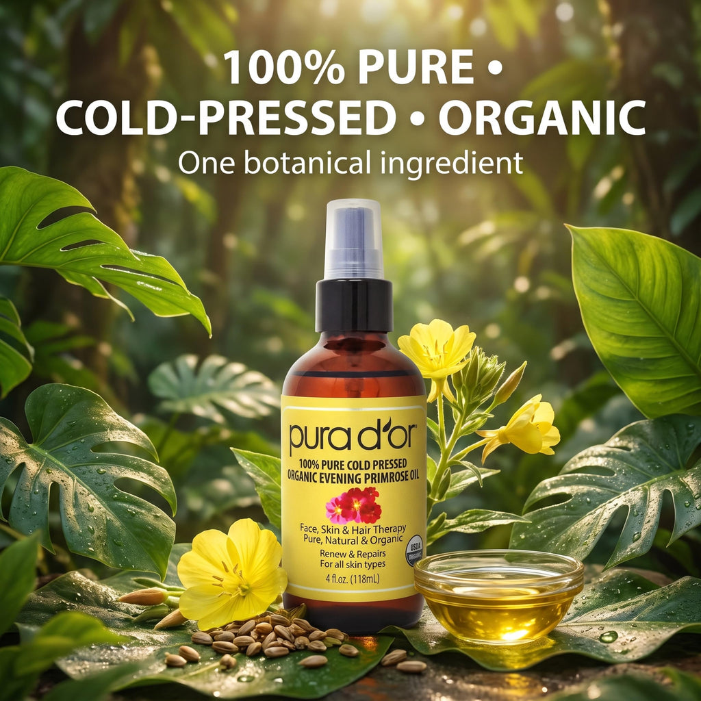 PURA D'OR Organic Evening Primrose Oil 100% Pure Cold Pressed w/Essential Fatty Acids & Antioxidant Rich - Moisturizes, Rejuvenates, Renews & Restores - Skin, Hair & Face 4 Oz Ayurvedic Skin Care