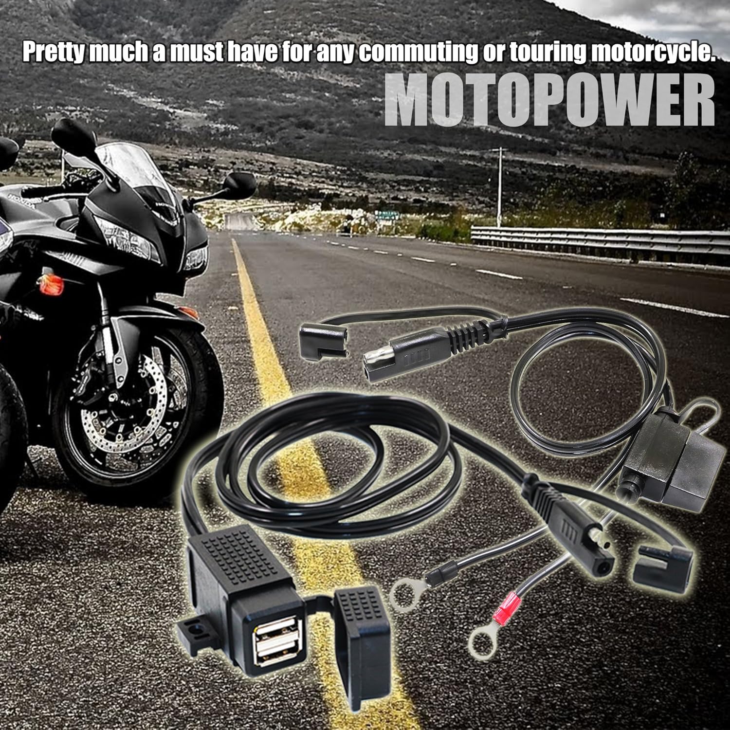 Buy now MOTOPOWER MP0609EA 3.1Amp Waterproof Motorcycle Dual USB Kit SAE to USB Adapter Cable with SAE Ring Terminal Cable Harness at indiglob india