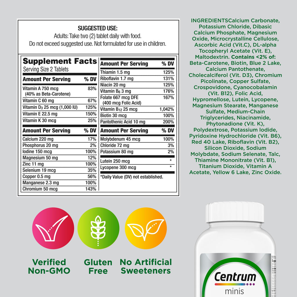Centrum Minis Silver Multivitamin for Adults 50 and Over, 320 Tablets | Contains Vitamin D3, B Vitamins, Clinically Proven to Support Memory as You Age, GLP-1 Support