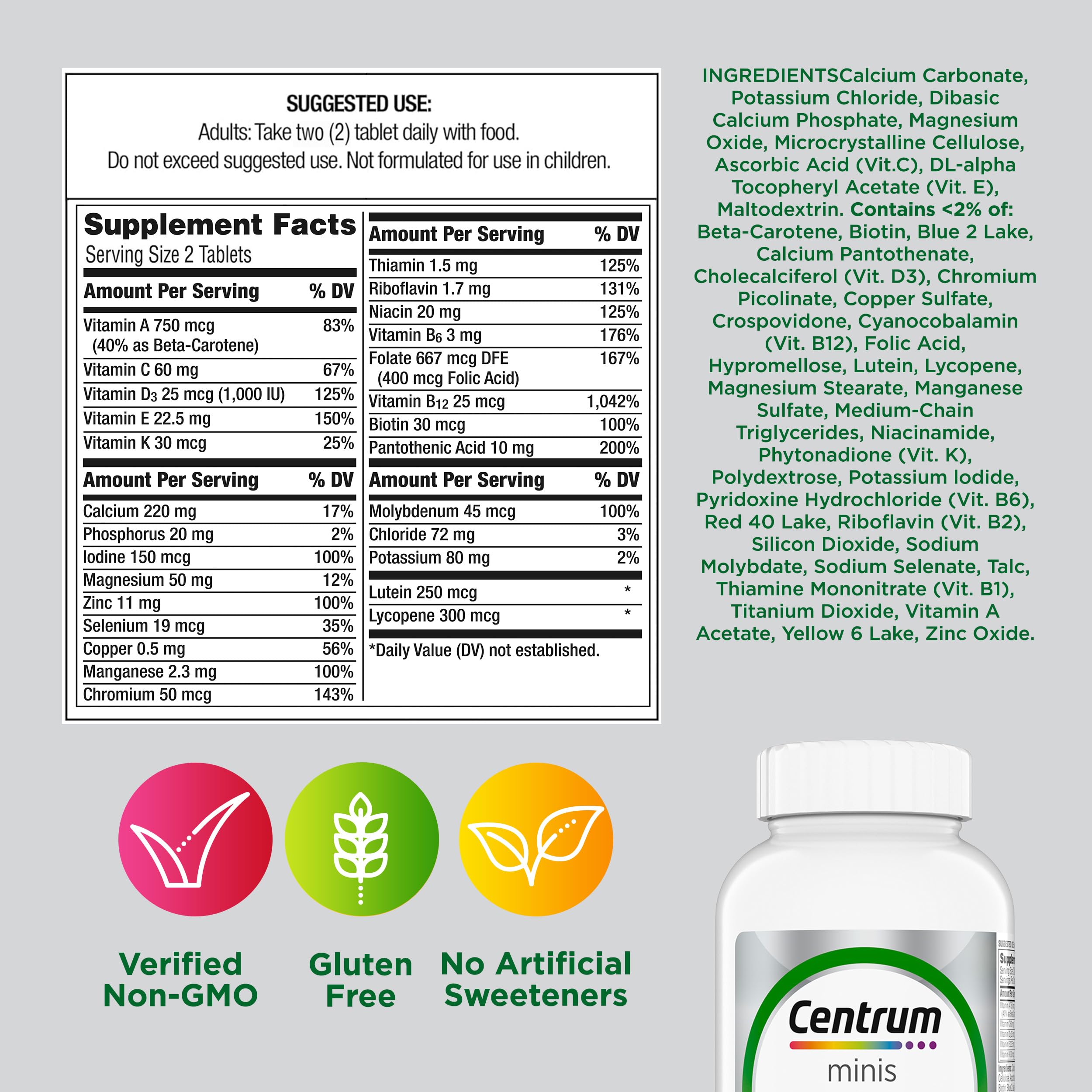 Centrum Minis Silver Multivitamin for Adults 50 and Over, 320 Tablets | Contains Vitamin D3, B Vitamins, Clinically Proven to Support Memory as You Age, GLP-1 Support