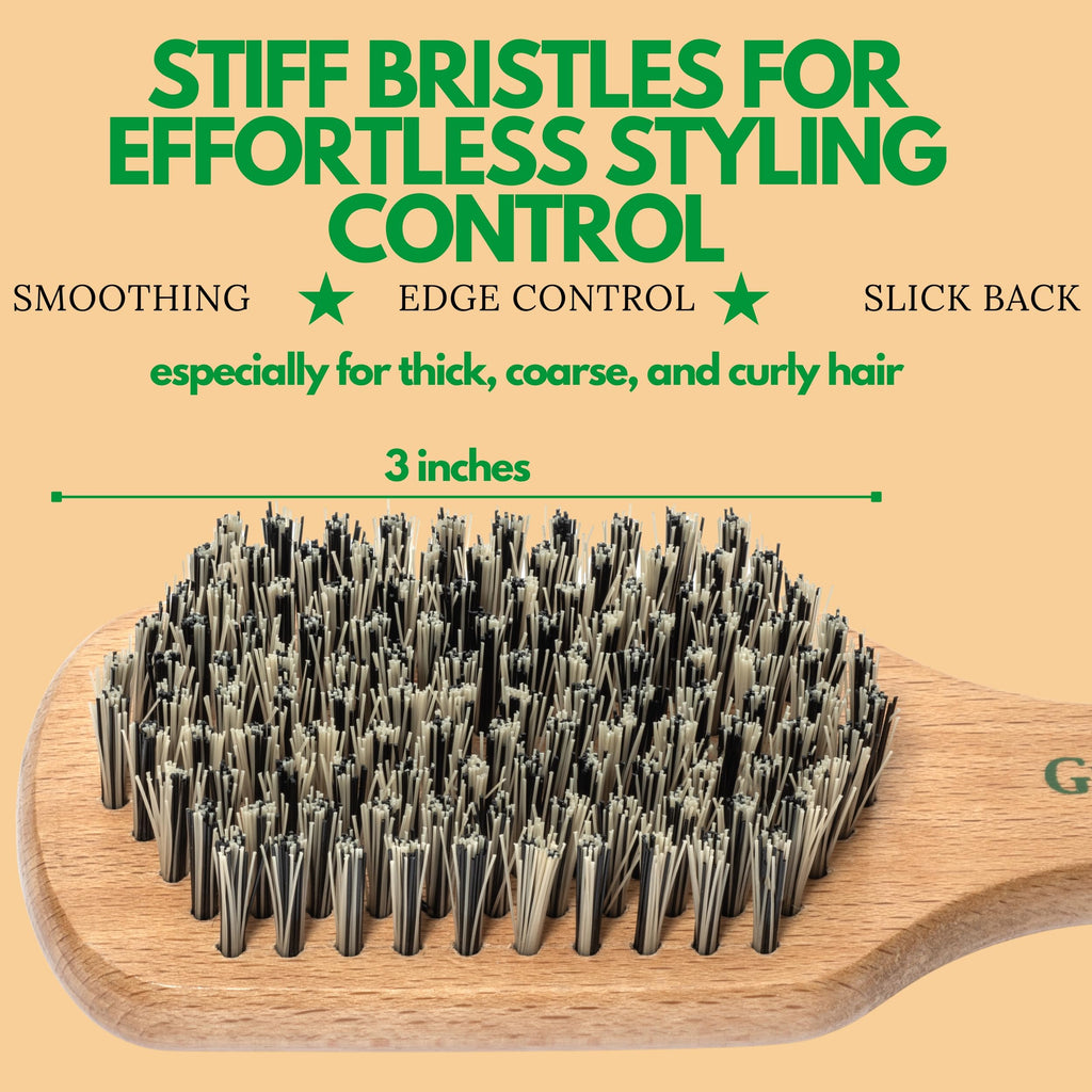 GranNaturals Hard Bristle Slick Back Hair Brush for Men & Women with Thick Curly Hair - Stiff Nylon Small Hairbrush for Smoothing, Waves, Beard, Fades, Locs, Dreads