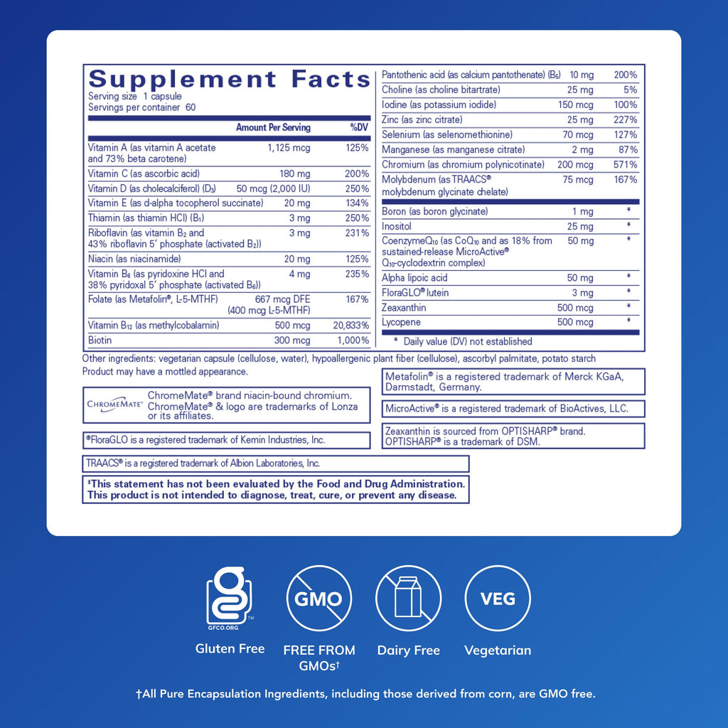 Pure Encapsulations O.N.E. Multivitamin, 60 Capsules | Once Daily Multivitamin with Antioxidant Complex Metafolin, CoQ10, and Lutein to Support Vision, Cognitive Function*