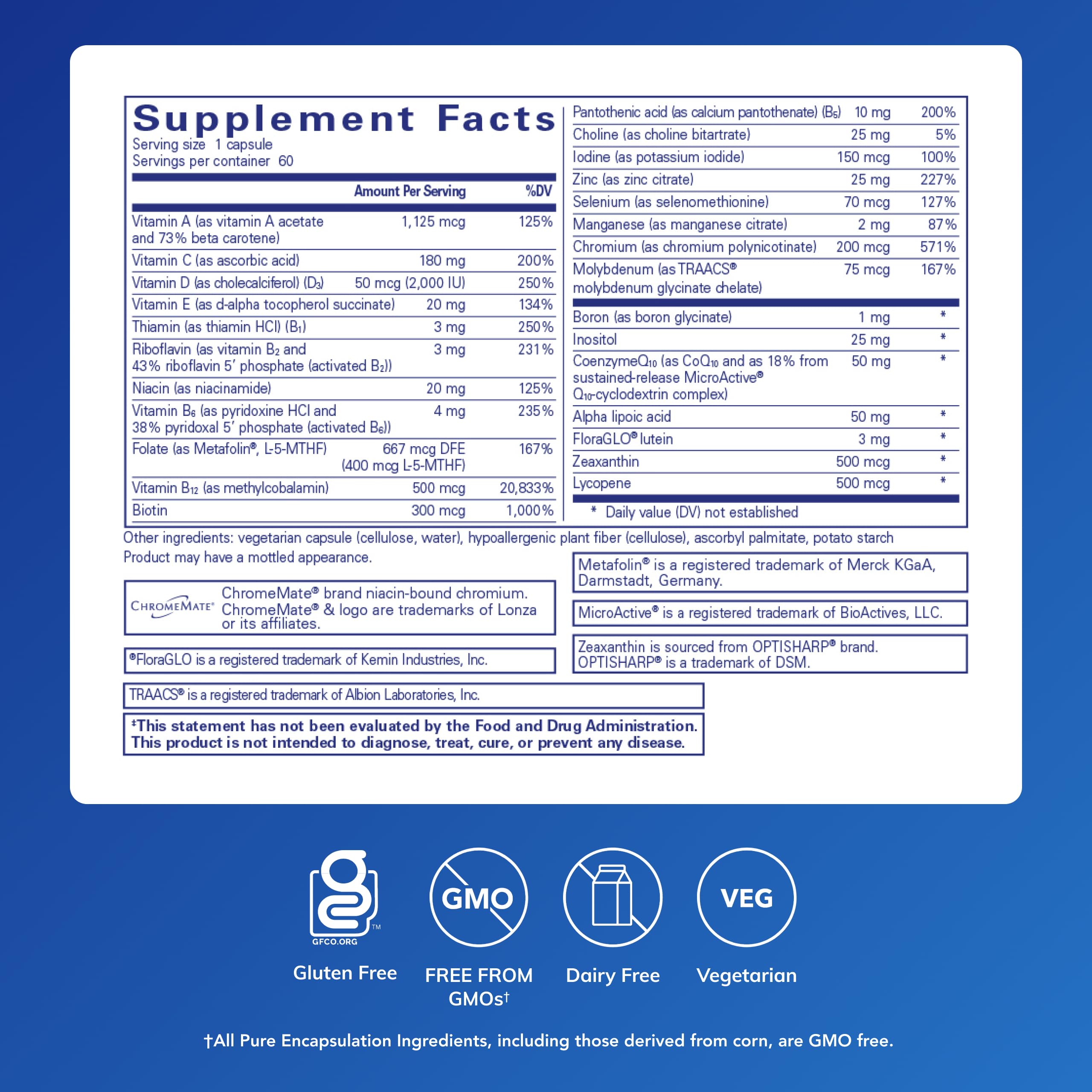Pure Encapsulations O.N.E. Multivitamin, 60 Capsules | Once Daily Multivitamin with Antioxidant Complex Metafolin, CoQ10, and Lutein to Support Vision, Cognitive Function*