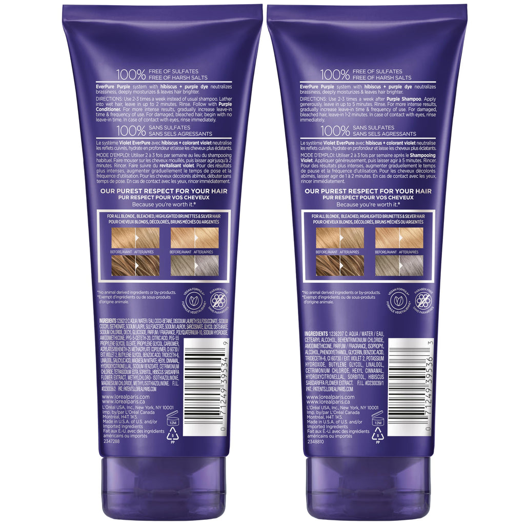 L'Oreal Paris EverPure Purple Shampoo and Conditioner Set, Sulfate-Free Brass Toning for Blonde, Bleached, Highlighted, Silver or Gray Color-Treated Hair, 13.6 Fl Oz Set