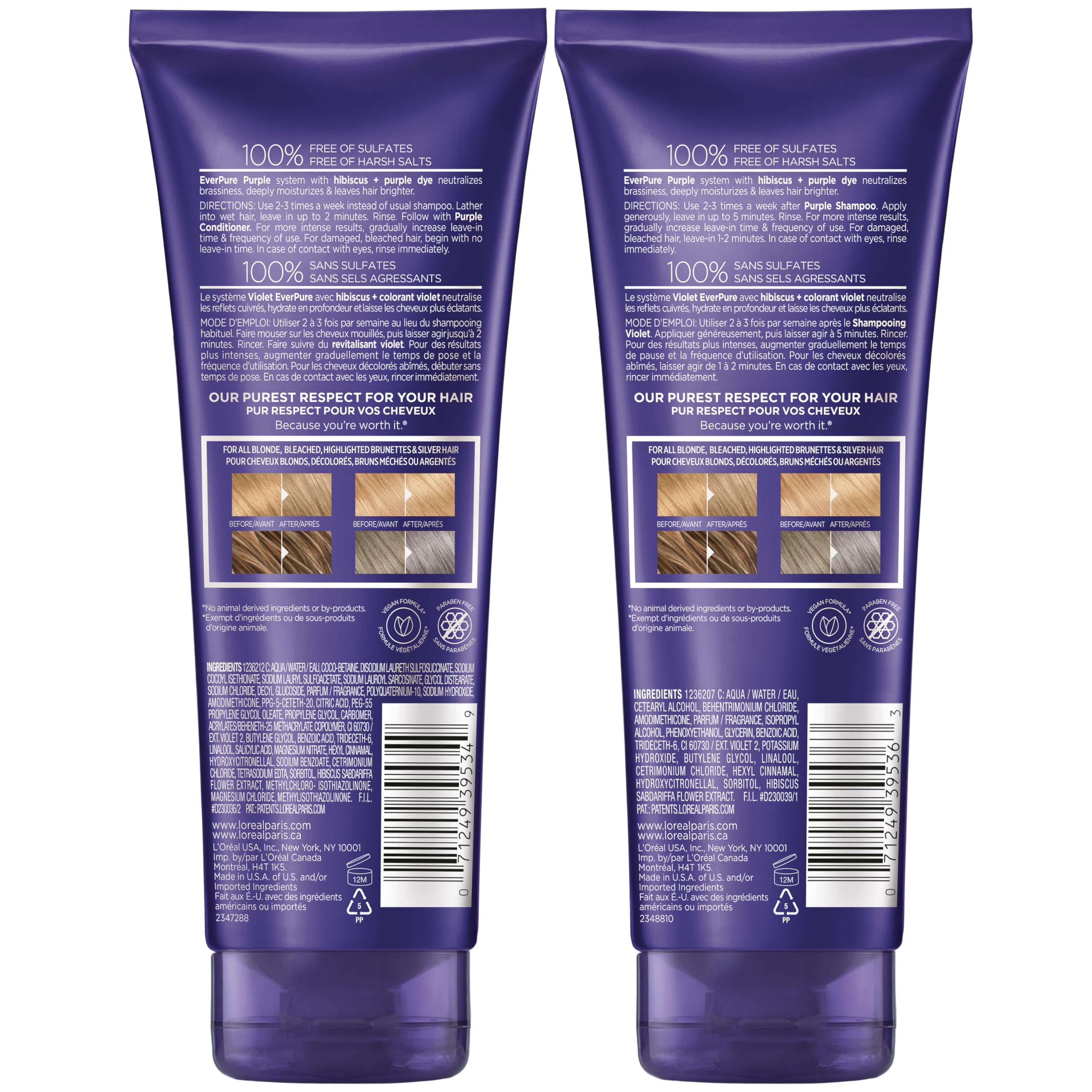 L'Oreal Paris EverPure Purple Shampoo and Conditioner Set, Sulfate-Free Brass Toning for Blonde, Bleached, Highlighted, Silver or Gray Color-Treated Hair, 13.6 Fl Oz Set