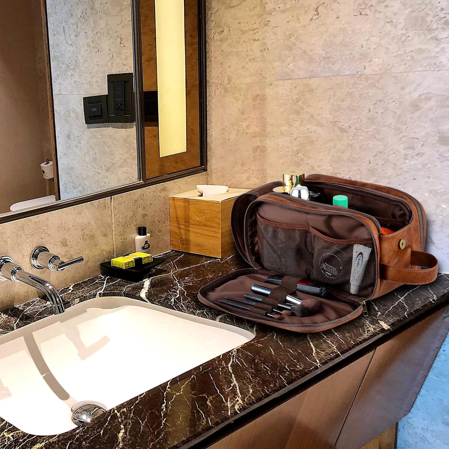 Buy now Elviros Toiletry Bag for Men, Large Travel Shaving Dopp Kit Water-resistant Bathroom Toiletries Organizer PU Leather Cosmetic Bags at indiglob india