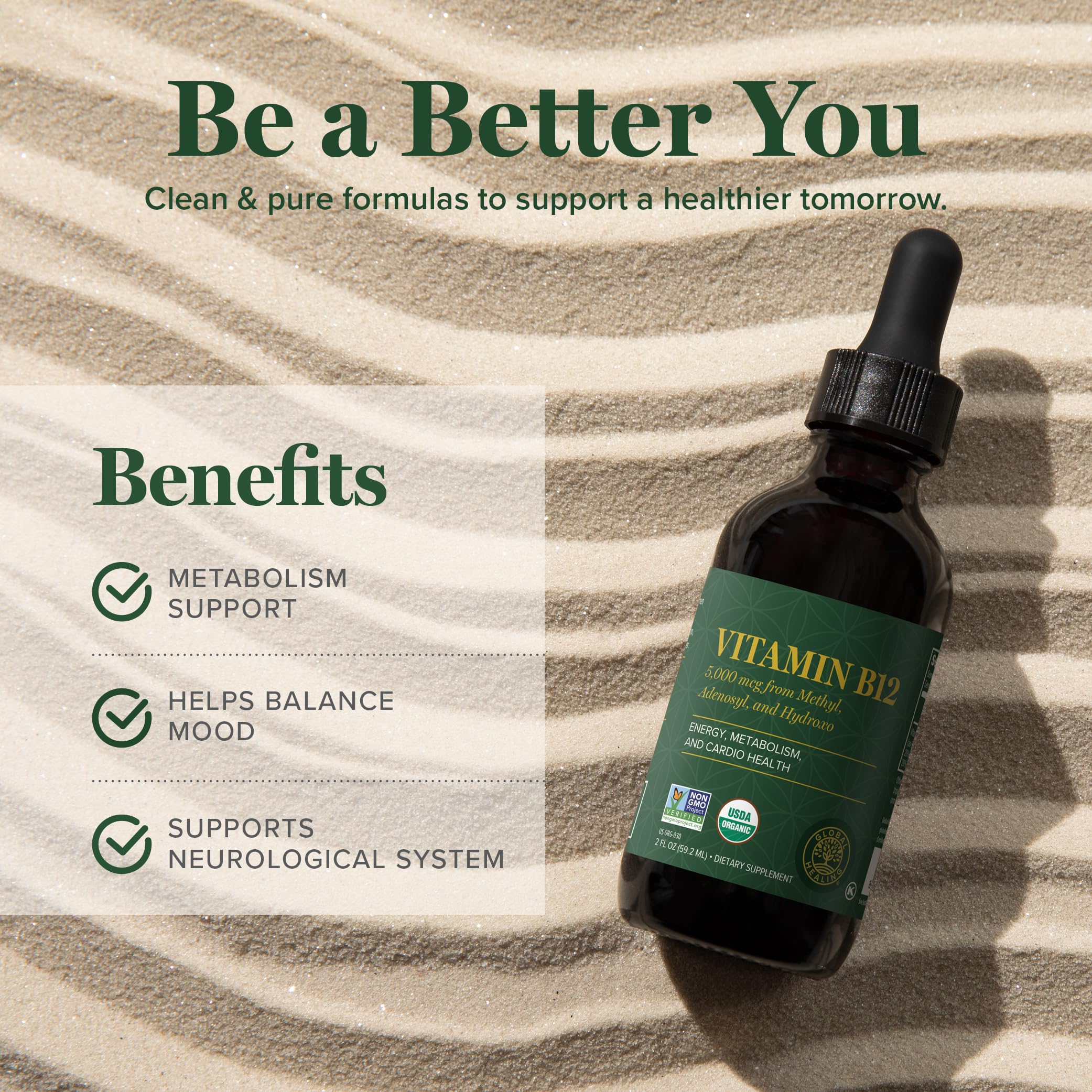 Vitamin B12 5000mcg Sublingual Liquid Drops, Methylcobalamin, Vegan (2 Oz) | Global Healing B12 Vitamins Sublingual Methylcobalamin Vitamina Para Mujer