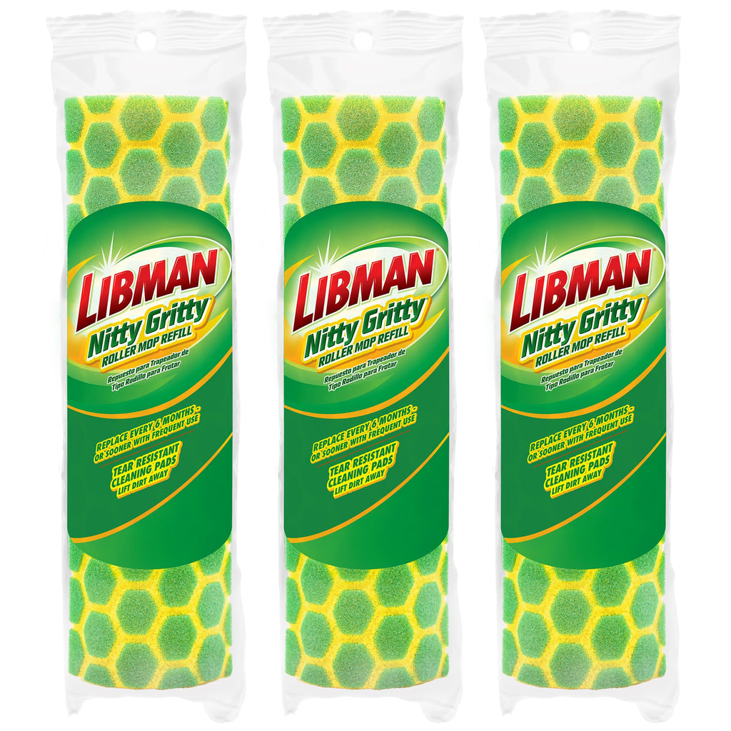 Libman Nitty Gritty Roller Mop Refills, Self Wringing, Sponge, 3 Replacement Heads Included