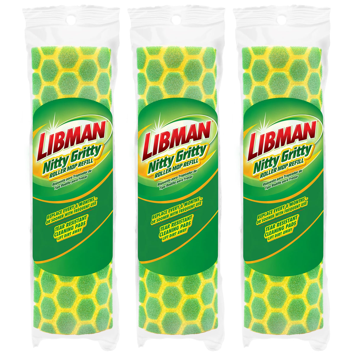 Libman Nitty Gritty Roller Mop Refills, Self Wringing, Sponge, 3 Replacement Heads Included