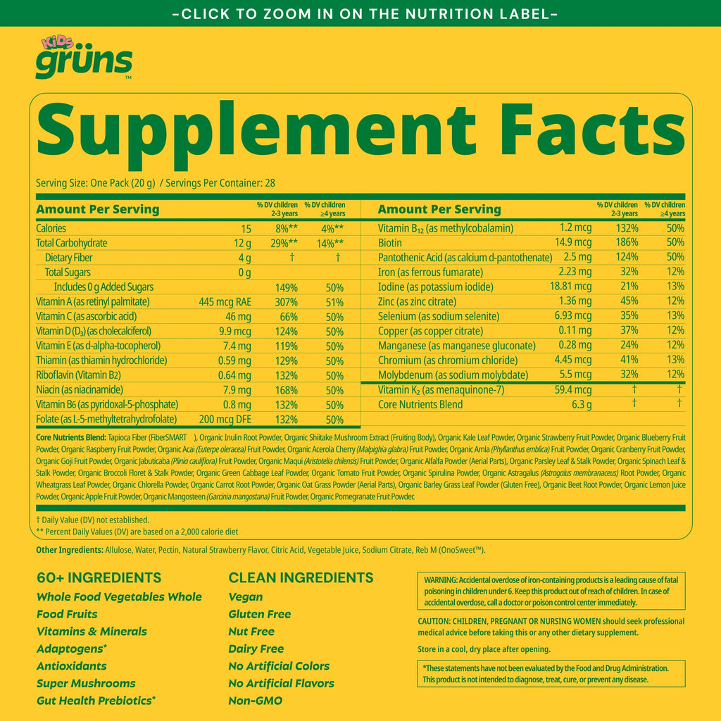 Gruns Kids Multivitamin Kids Greens Gummies, 28 ct | Daily Supplement with Vitamins, Minerals, Adaptogens, and Prebiotic Fiber