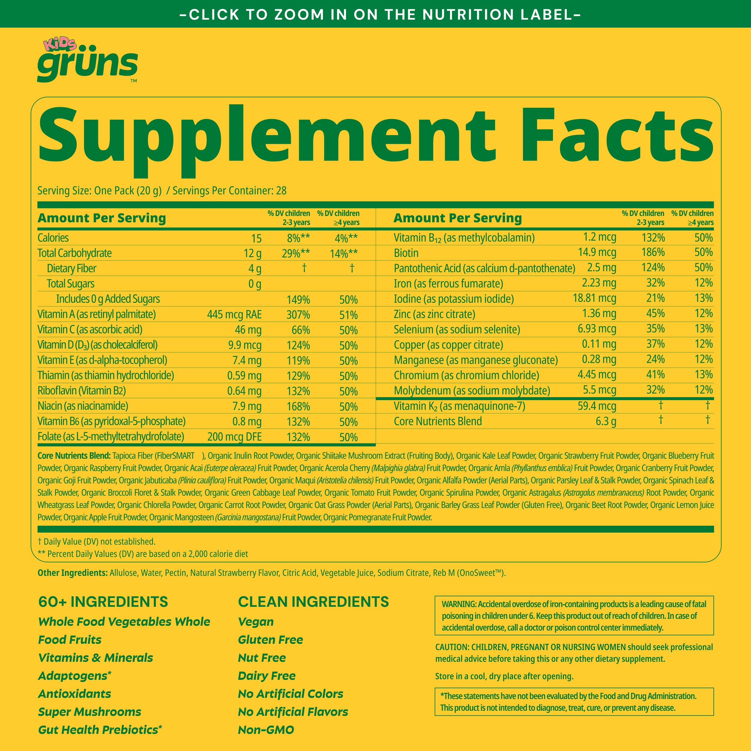 Gruns Kids Multivitamin Kids Greens Gummies, 28 ct | Daily Supplement with Vitamins, Minerals, Adaptogens, and Prebiotic Fiber