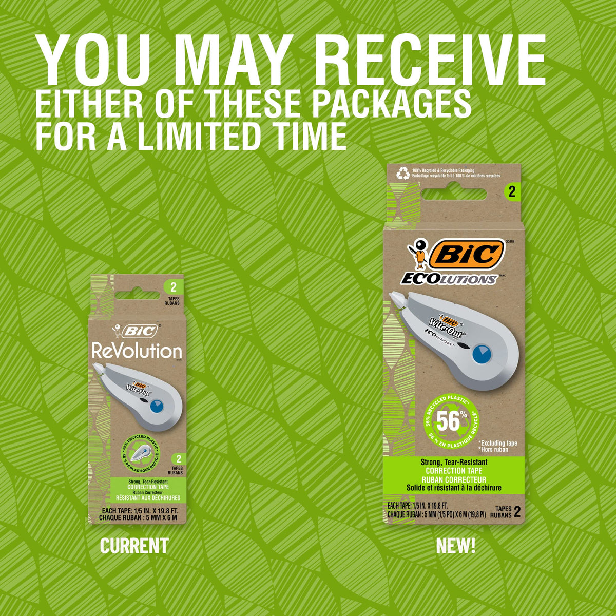 BIC Ecolutions Wite-Out Brand, 19.6 Feet, 2-Count Pack, Correction Tape Made from 56% Recycled Plastic Excluding Tape