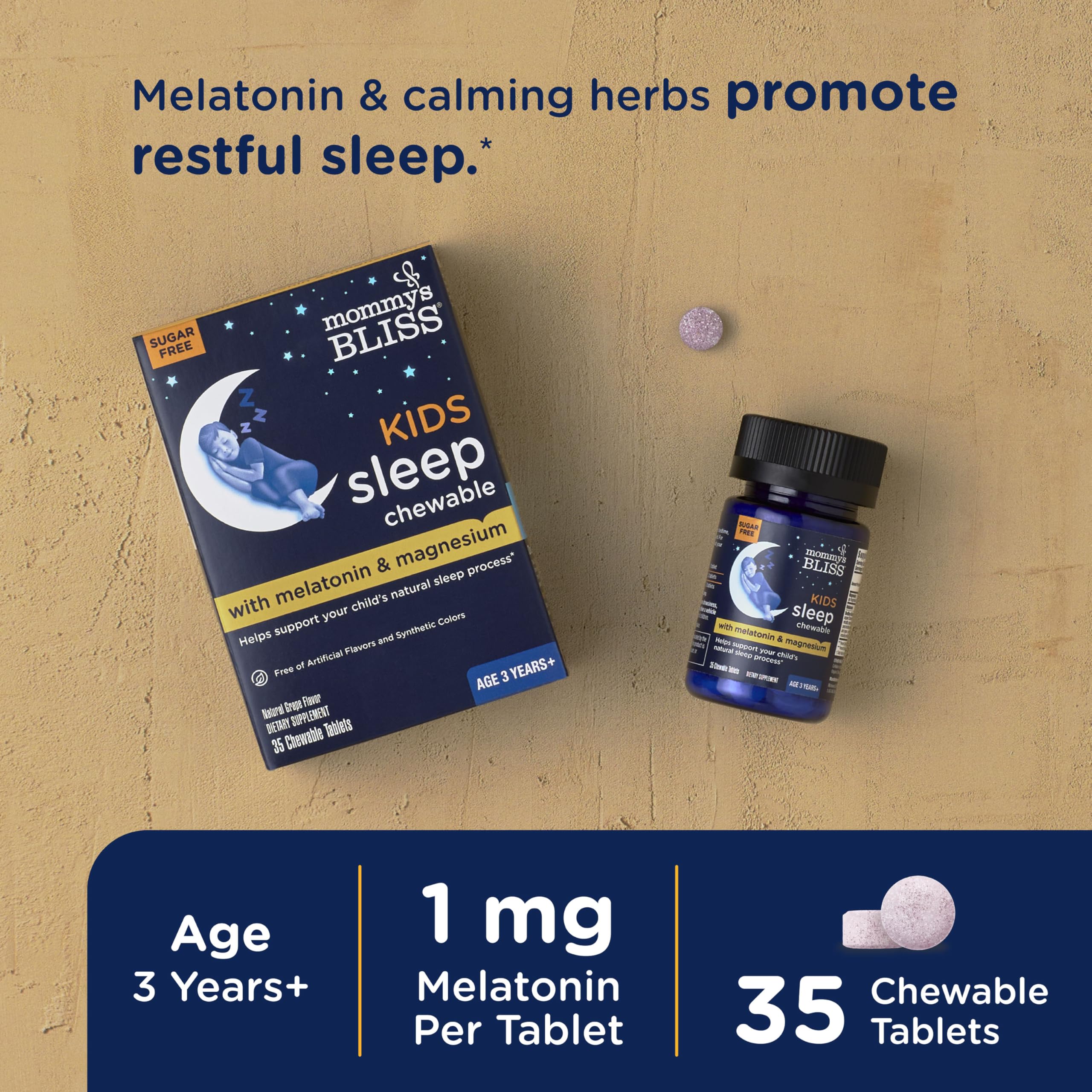 Mommy's Bliss Kids Sleep Support Melatonin Chewable, Grape Flavor, 35 Ct | Tablets; Calming Herbs; Sugar Free Kids Melatonin, Age 3+; 35 Count (Pack of 1)