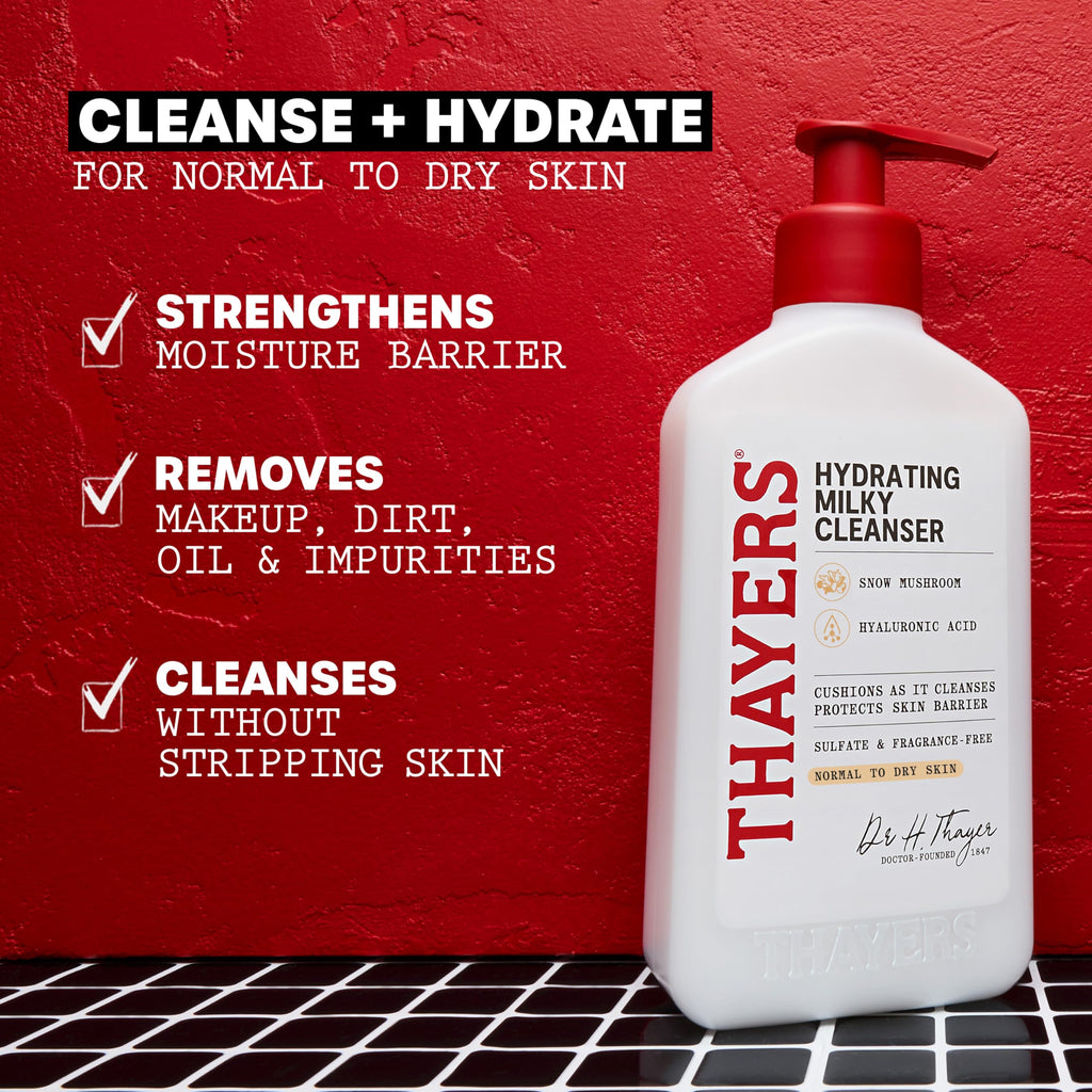 Thayers Milky Hydrating Face Cleanser with Snow Mushroom and Hyaluronic Acid, Dermatologist Recommended Gentle Facial Wash and Hydrating Skincare for Dry and Sensitive Skin, Paraben Free, 8 Fl Oz
