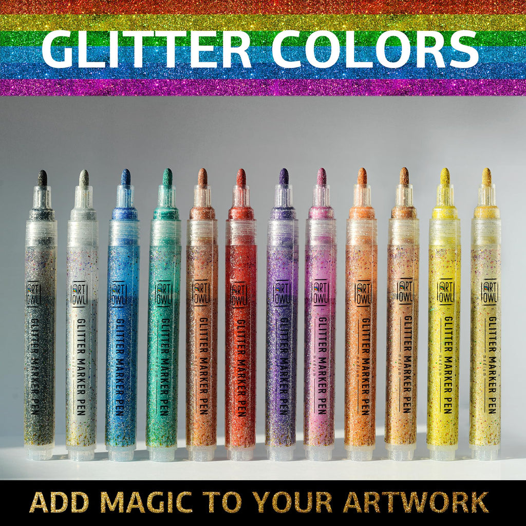 Acrylic Glitter Paint Marker Pens, Medium Pens for Rock Painting, Stone, Ceramic, Glass, Wood, Fabric, Card Making, Canvas, DIY Crafts - Set of 12 Sparkle Paint Markers