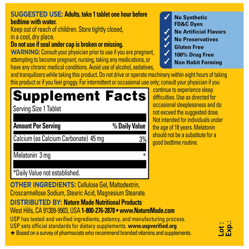 Nature Made Melatonin 3mg Sleep Aids for Adults, 240 Tablets | 100% Drug Free Sleep Aid for Men and Women, Sleep Supplements for Adults, Helps You Fall Asleep Faster, 240 Day Supply