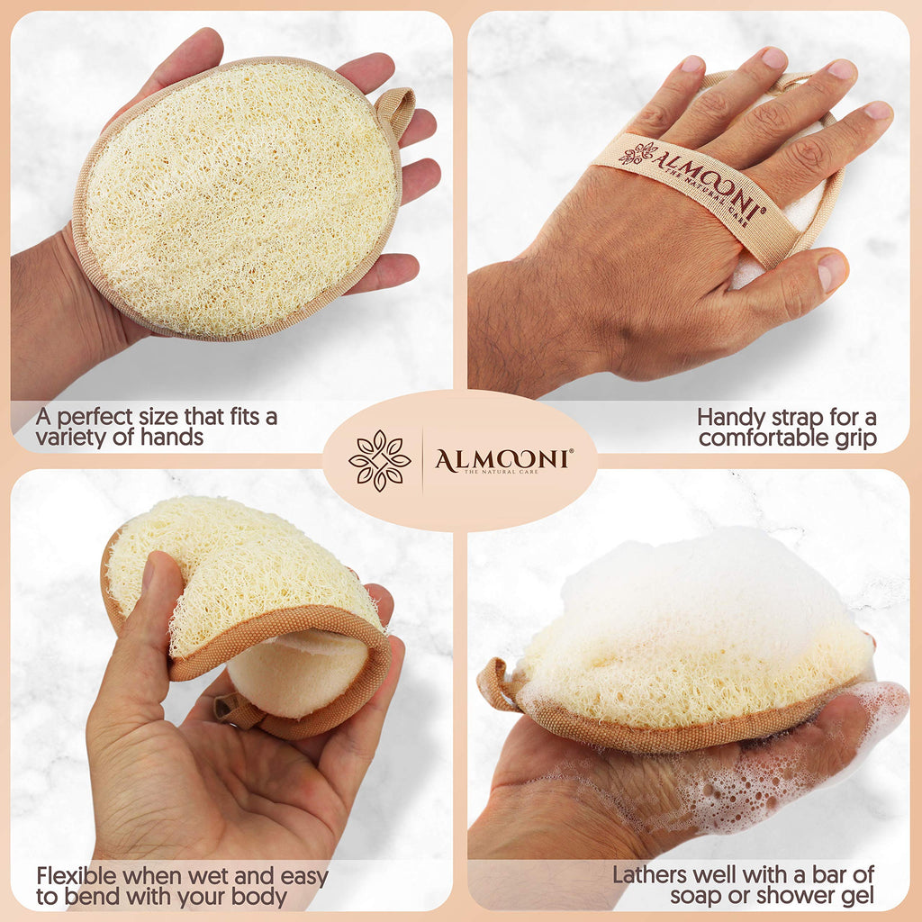 Almooni Natural Loofah Exfoliating Body Scrubber, Shower Sponge 2 Count | Natural Egyptian Loofah, Exfoliating Sponge for Face and Body, Bath Shower Loofah Sponge for Women and Men, 2 count pack