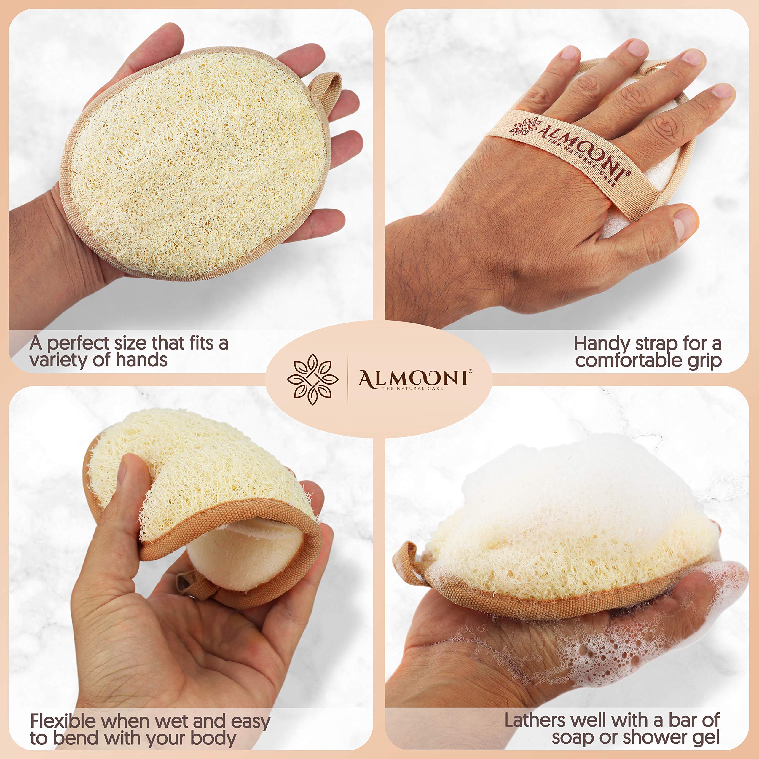 Almooni Natural Loofah Exfoliating Body Scrubber, Shower Sponge 2 Count | Natural Egyptian Loofah, Exfoliating Sponge for Face and Body, Bath Shower Loofah Sponge for Women and Men, 2 count pack
