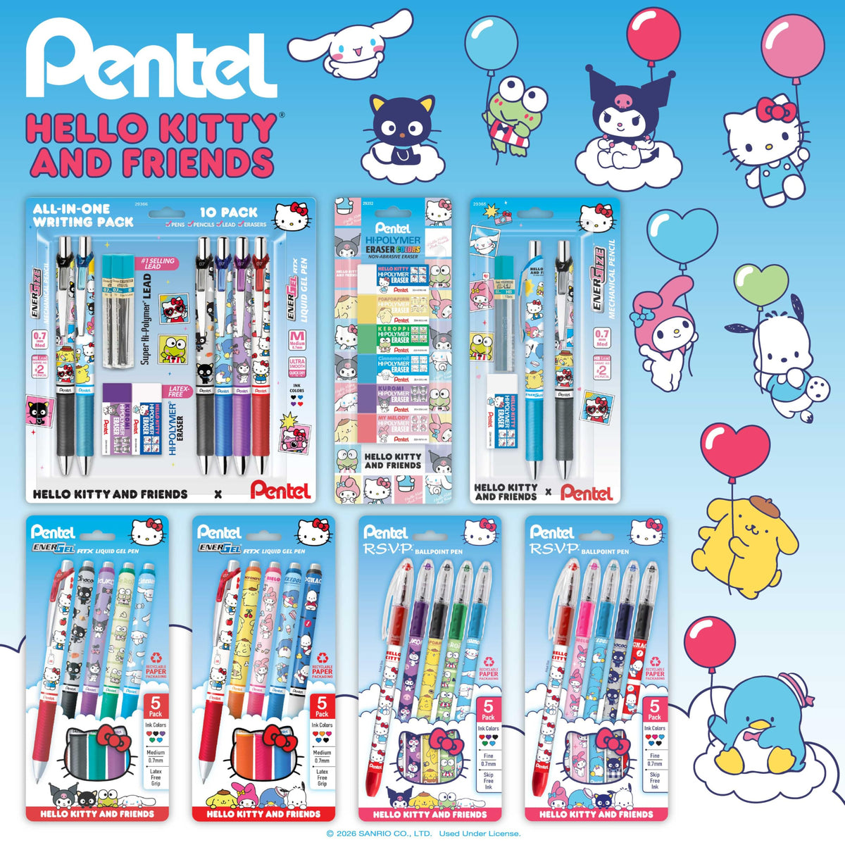 Pentel Writing Essentials 10 Pack, Hello Kitty® and Friends, Limited Edition, 4 EnerGel 0.7mm gel pens, 2 EnerGize 0.7mm pencils, 2 bock erasers, and 2 refill leads